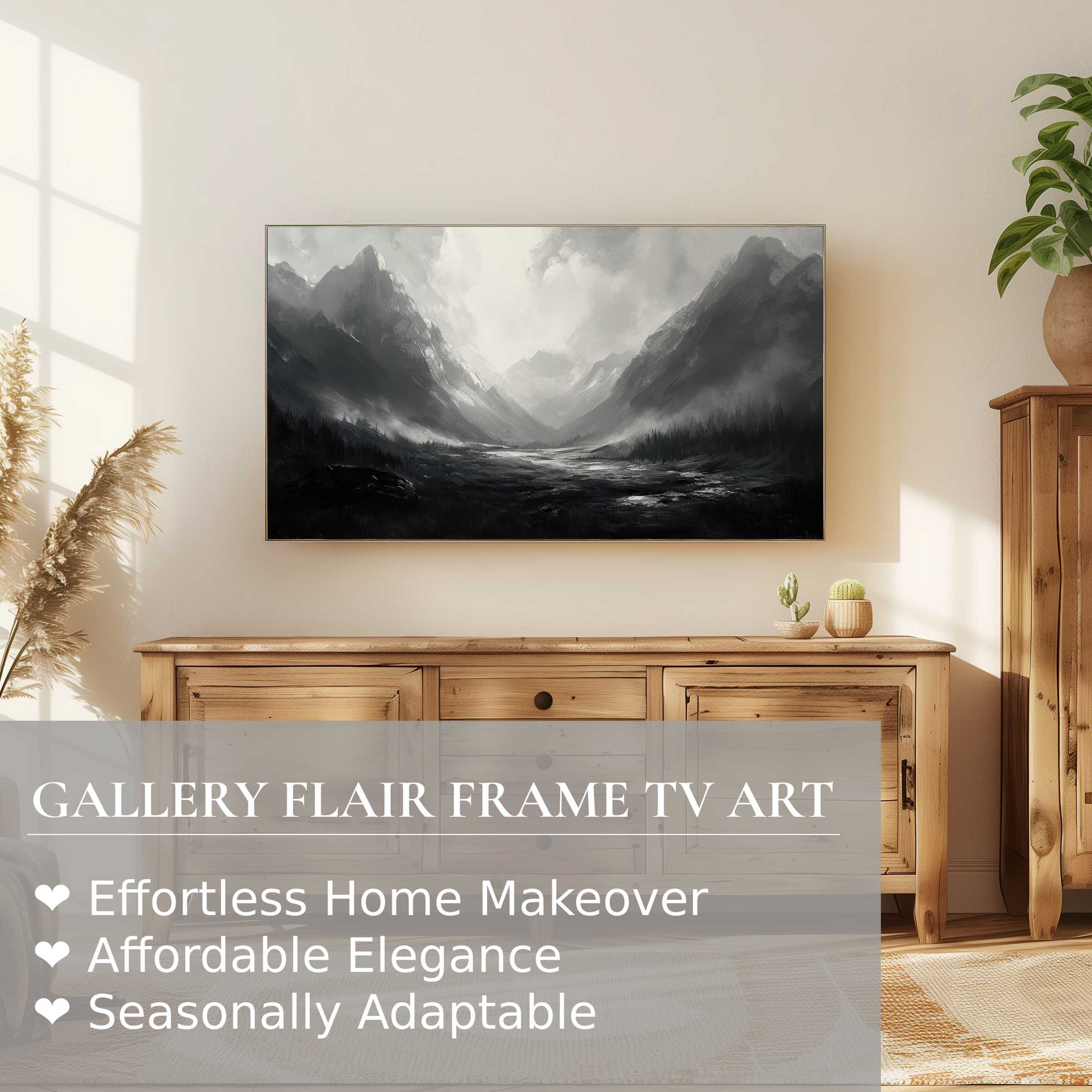 Samsung Frame TV displays neutral digital artwork of misty mountains in a serene, elegant living space
