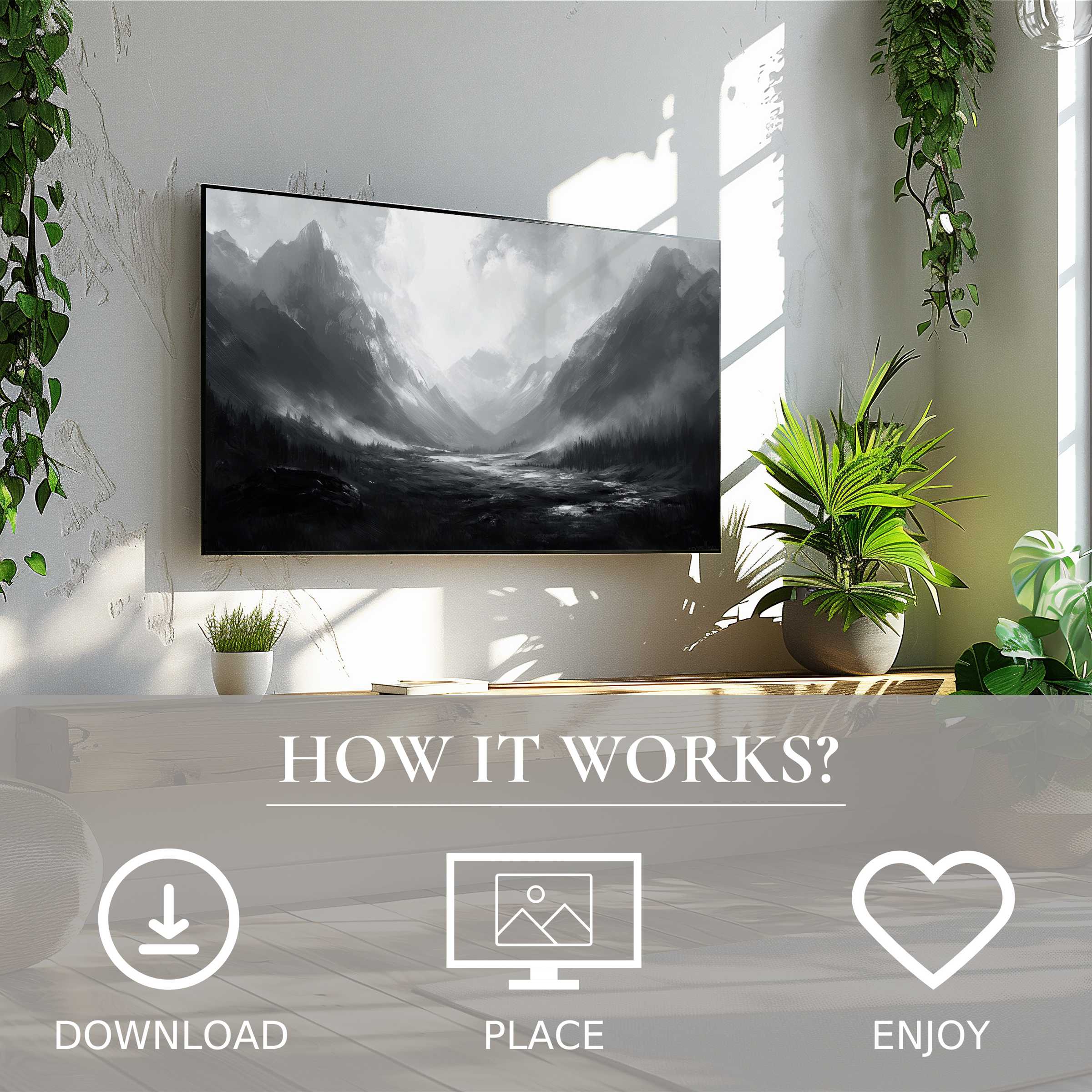 Neutral art for Samsung TV: easy digital download shows misty mountain landscape enriching modern living space