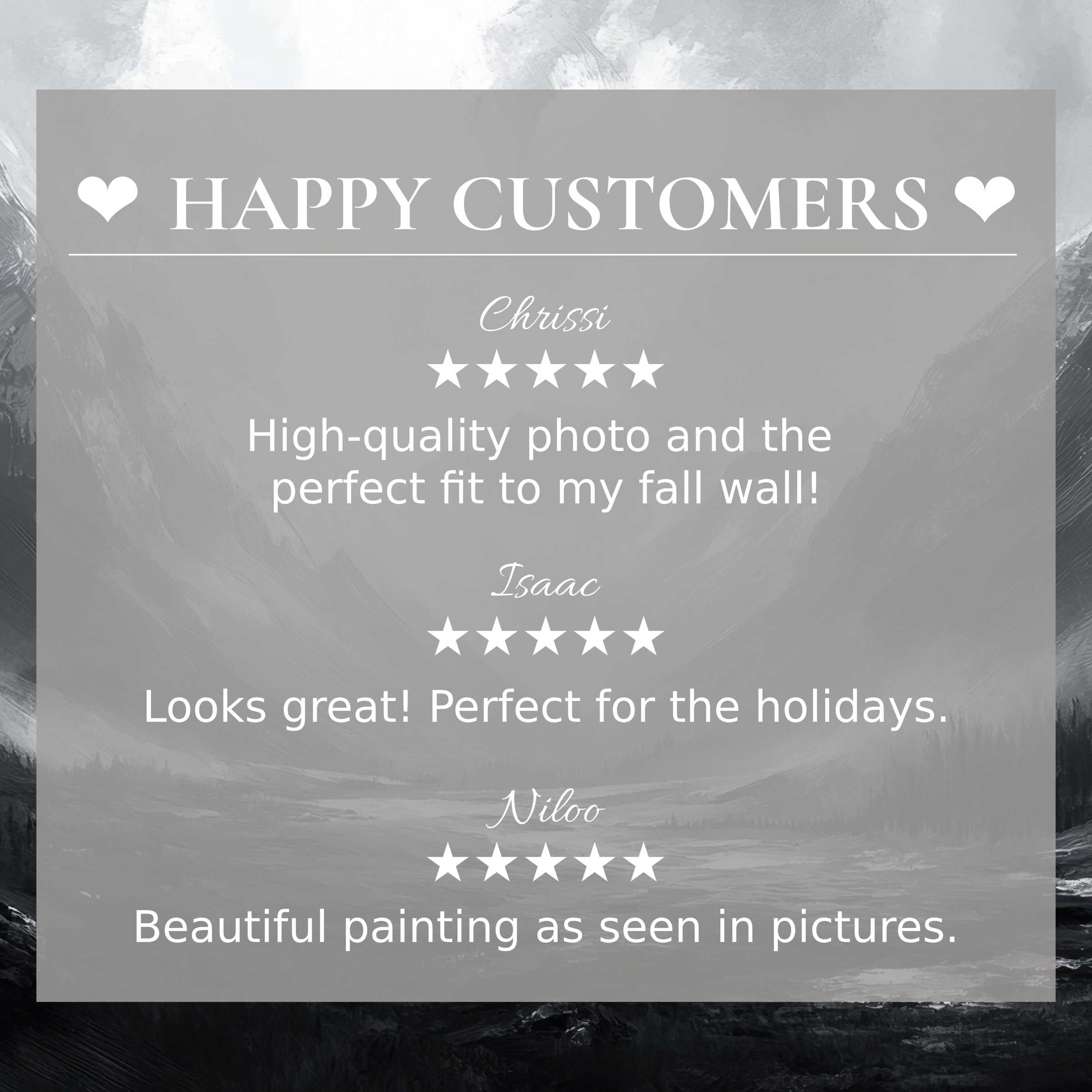 Neutral art for Frame TV with serene mountain tones, highlighting happy customer reviews and elegant design trust