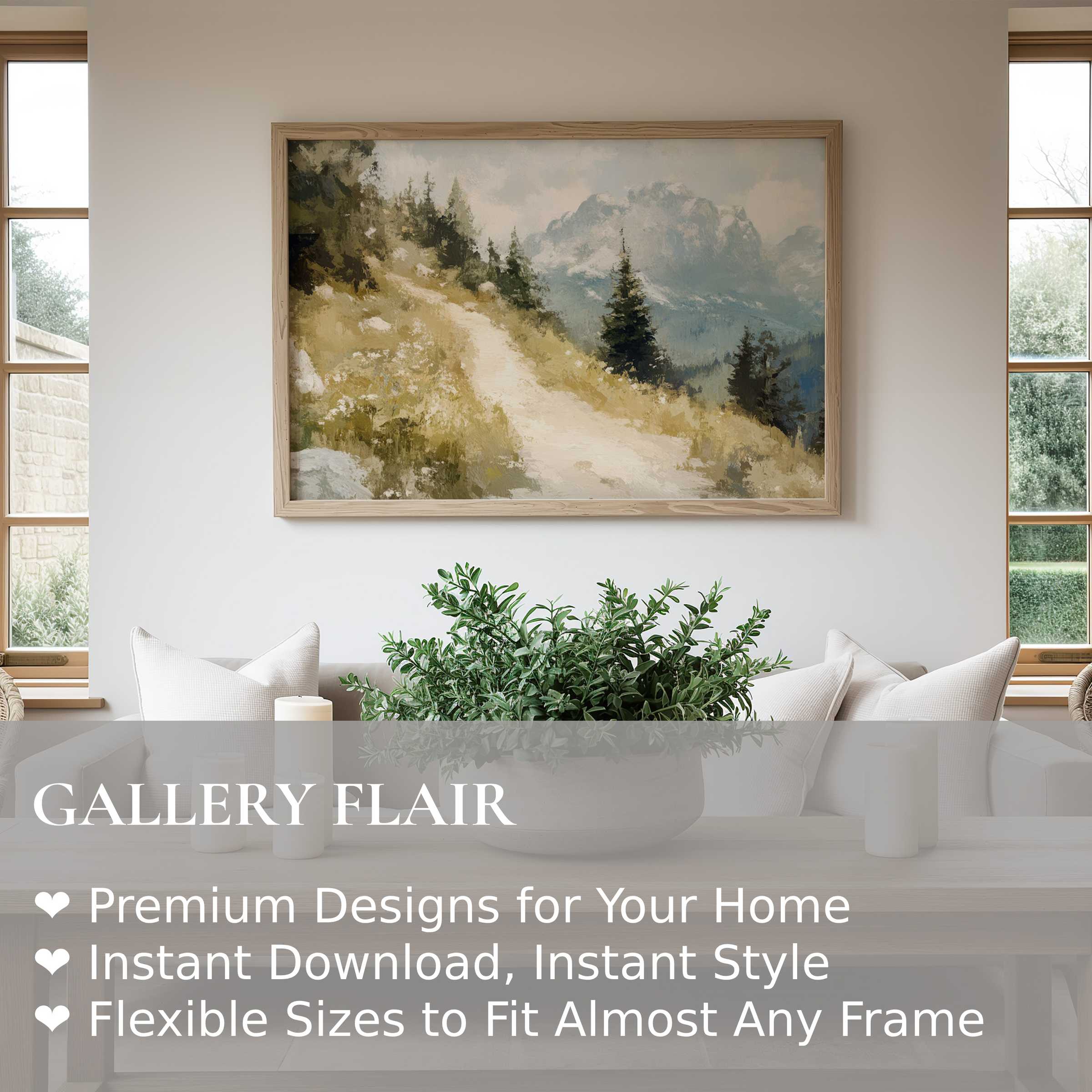 Radiant summer wall art print of a serene mountain path with soft greenery, enriching modern minimalist interiors with natural warmth