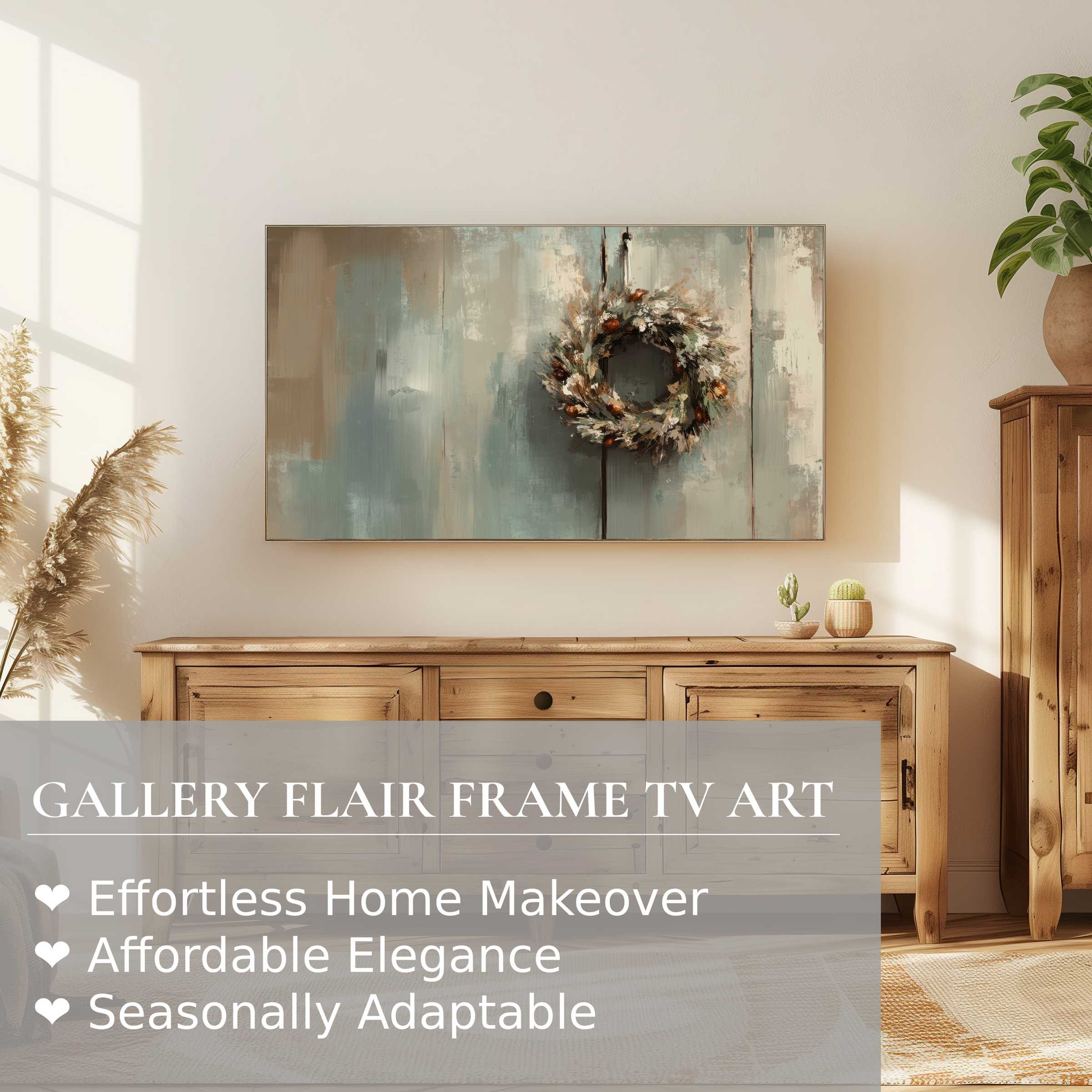 Samsung Frame TV displays serene farmhouse digital artwork enhancing elegant, modern rustic decor in soft natural light