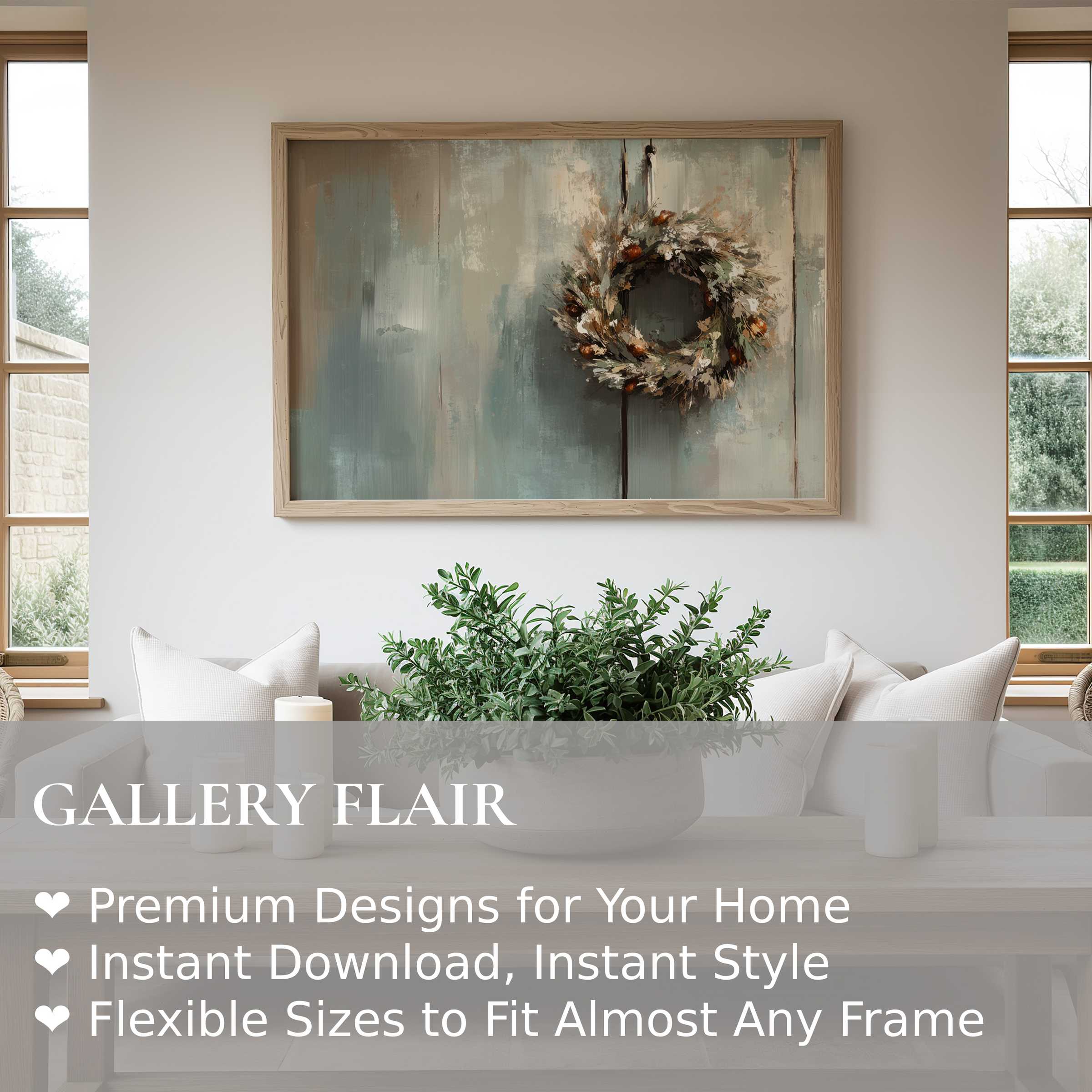 Farmhouse wall art print featuring a soft, rustic wreath in muted tones, enhancing serene modern farmhouse interiors