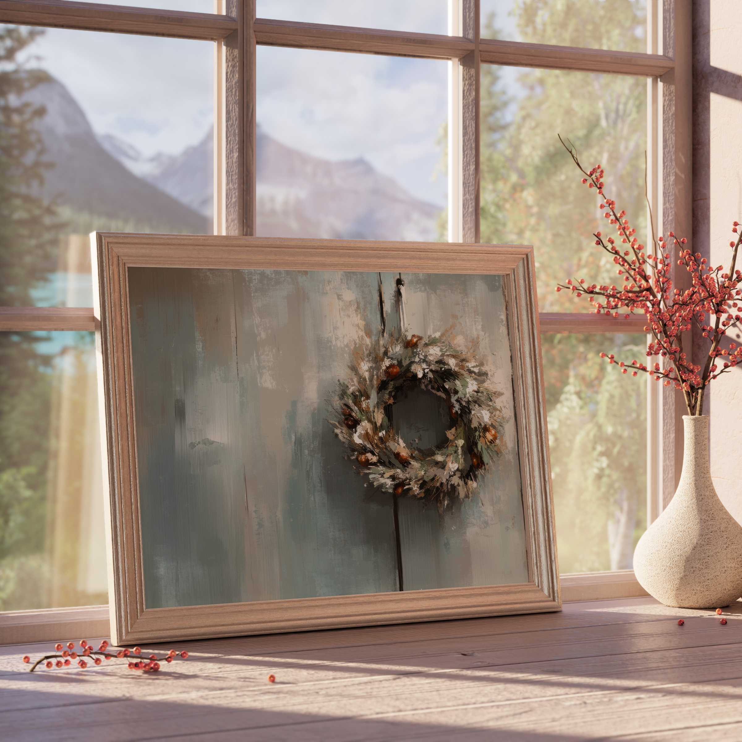 Farmhouse downloadable art featuring a warm, textured wreath framed by soft natural light, perfect for serene, curated interiors