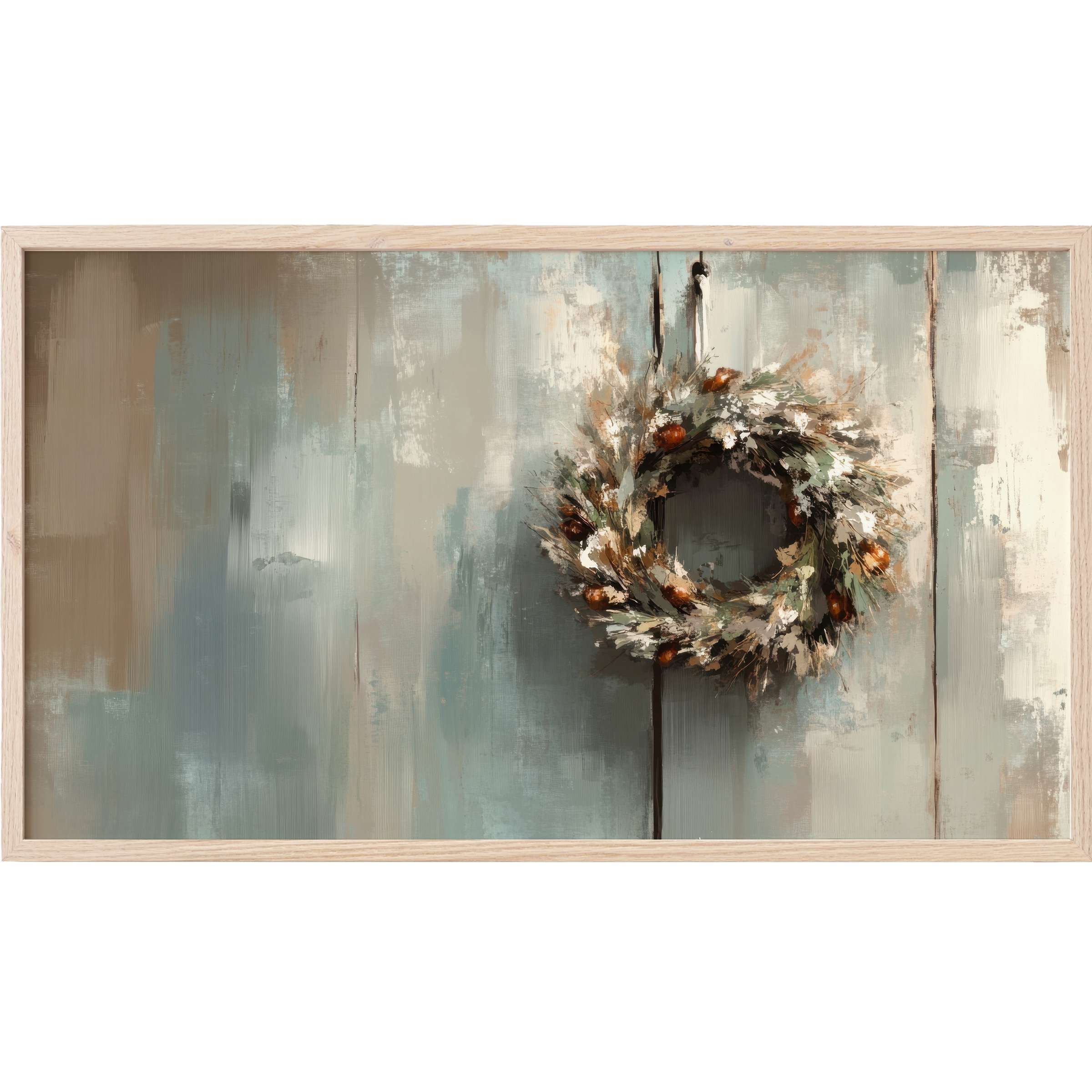 Farmhouse Frame TV Art featuring a rustic wreath on weathered blue-gray wood with soft, muted tones