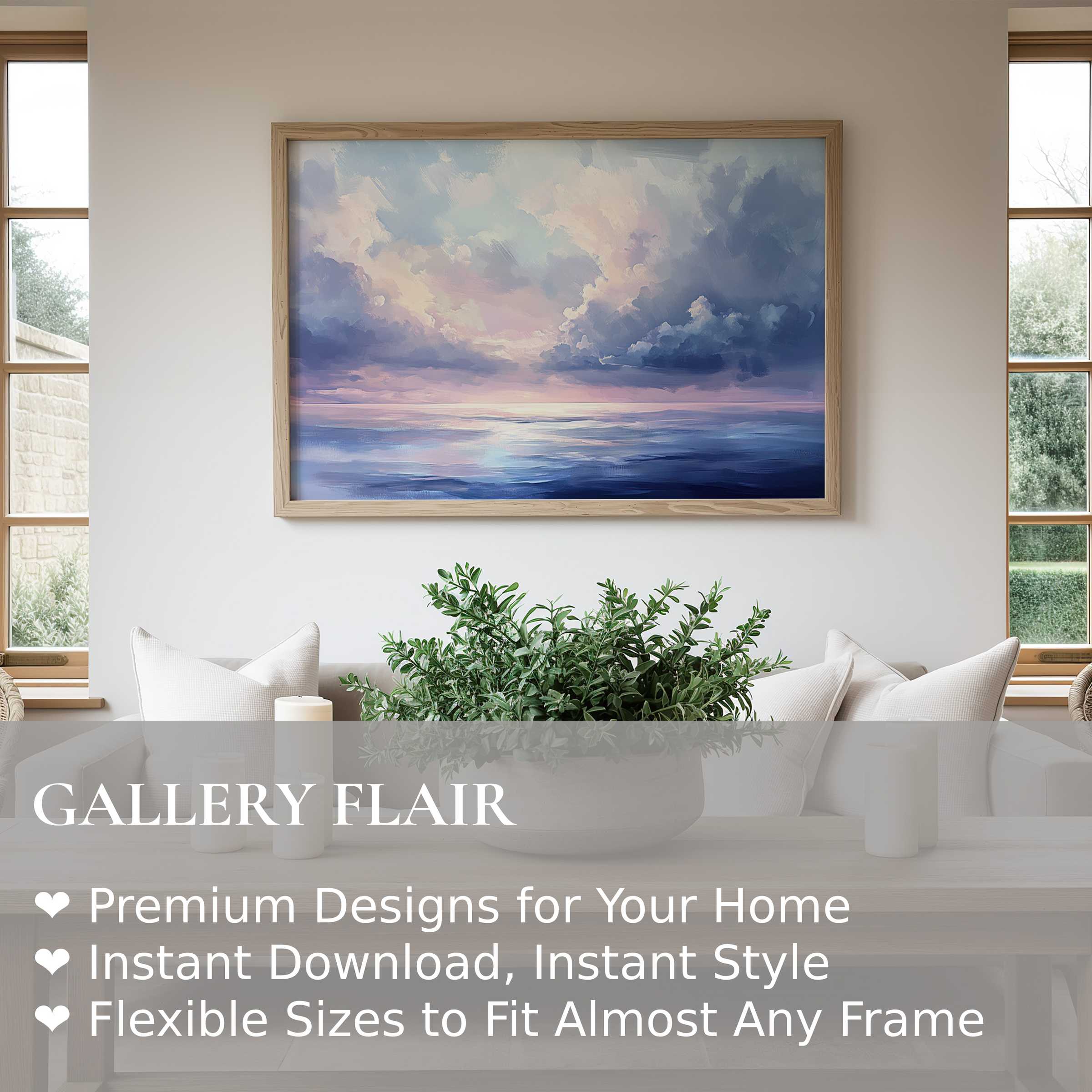 Coastal wall art print featuring a serene ocean horizon with radiant pastel skies, enhancing modern minimalist interiors