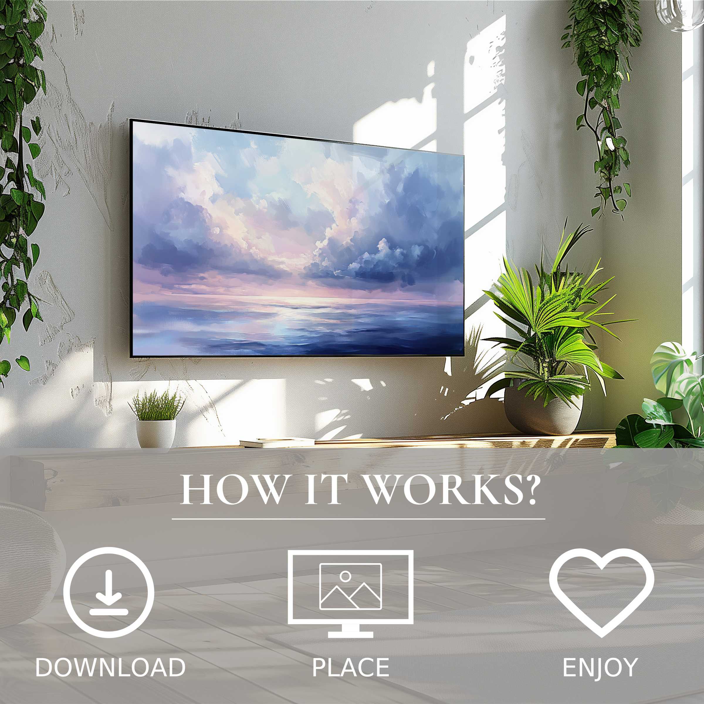 Coastal art for Samsung TV: digital download shows soft sunset tones, enriching modern living with ease and style