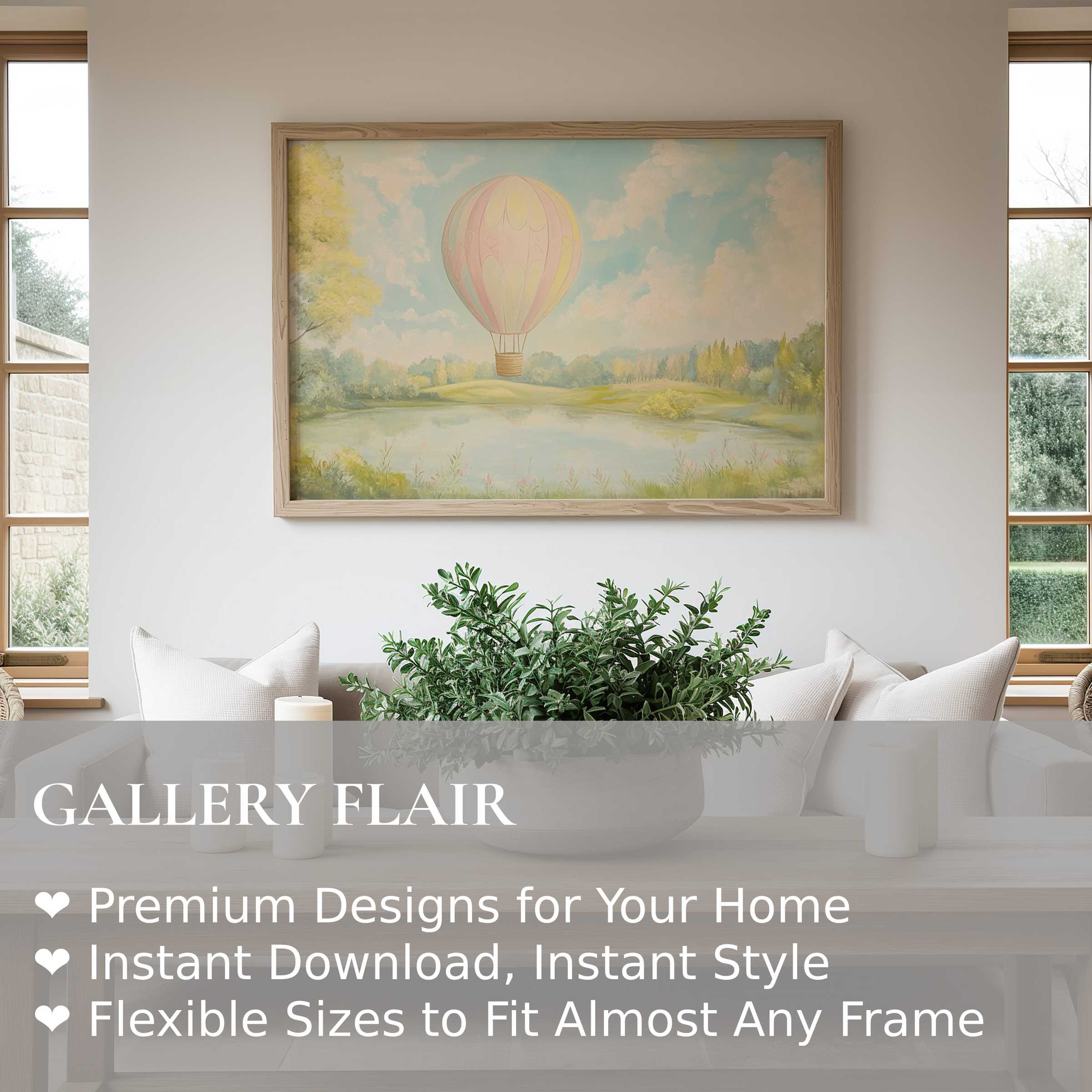 Soft pastel nursery wall art print featuring a serene hot air balloon over a tranquil lake, enhancing a modern, airy nursery space