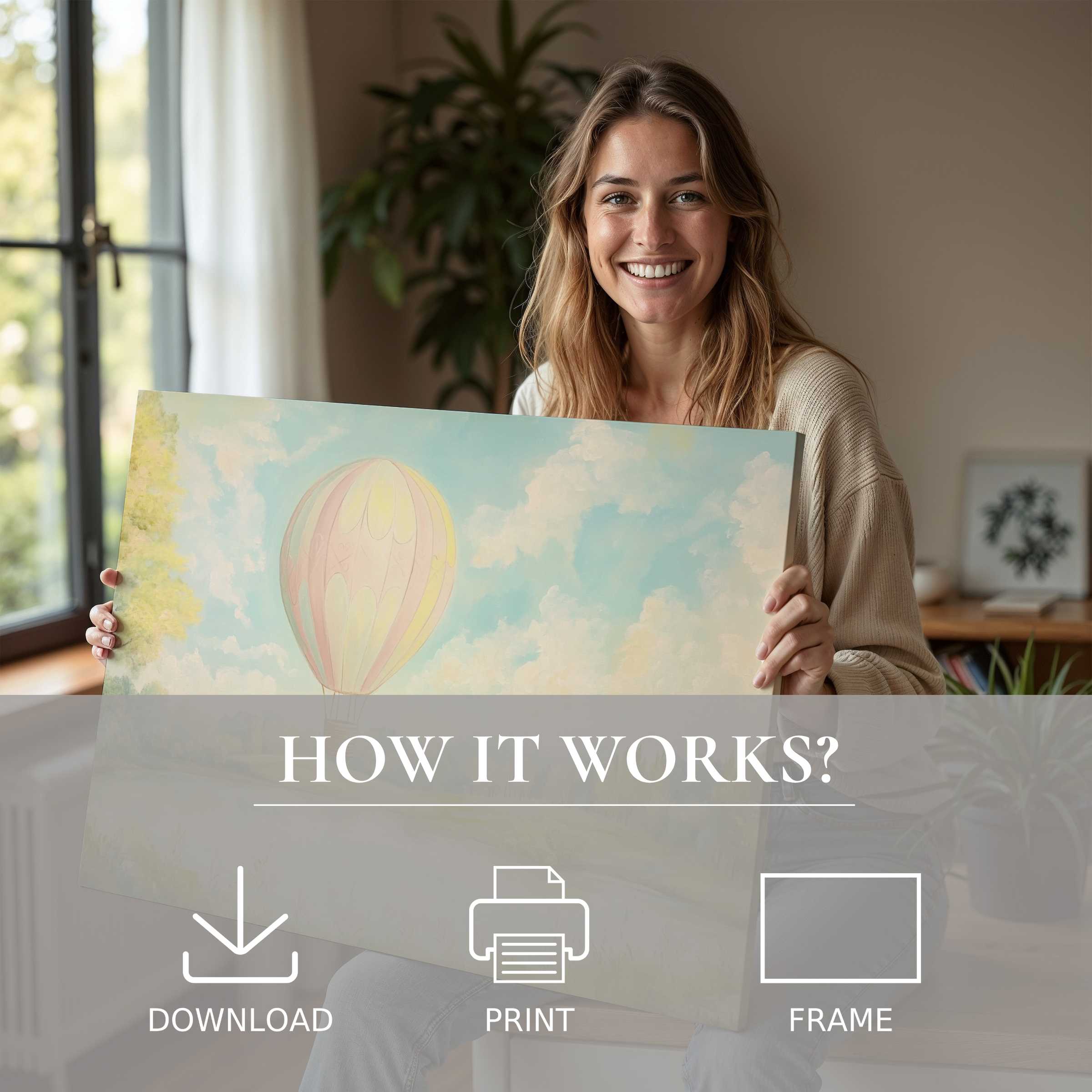 A woman’s radiant smile reflects the joy of welcoming serene nursery digital art print into her stylish home