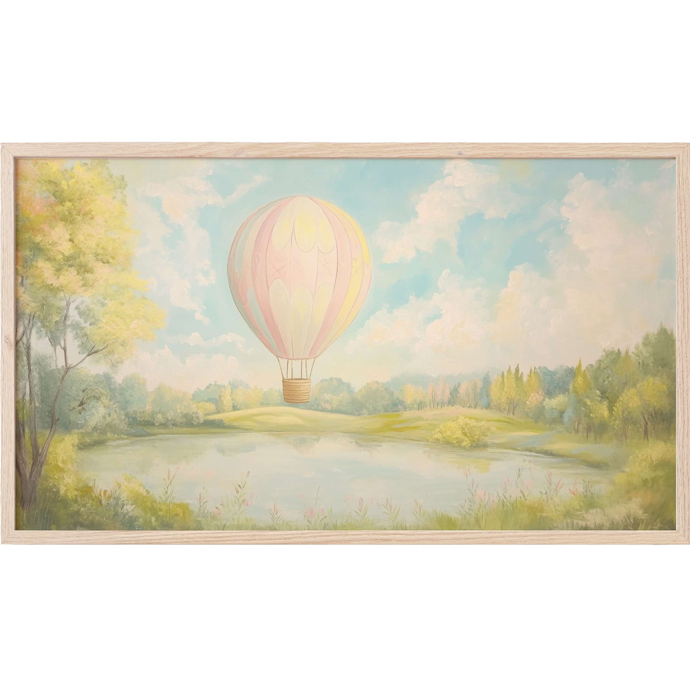 Soft pastel hot air balloon over a serene lake, gentle sky and foliage in nursery Frame TV Art style