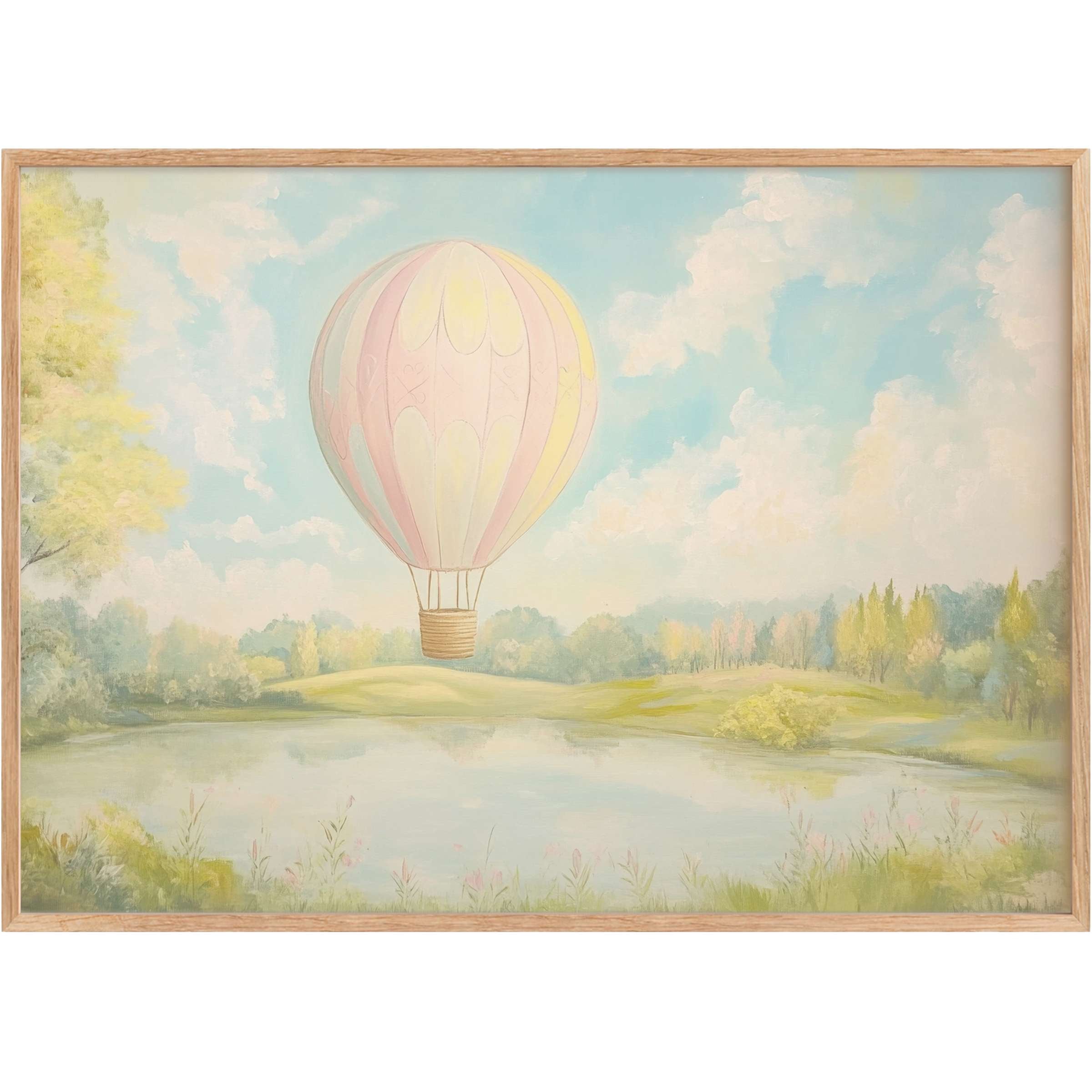Soft pastel hues of pink and yellow craft a serene sky above gentle greens and blues, inspiring calm with this nursery printable wall art