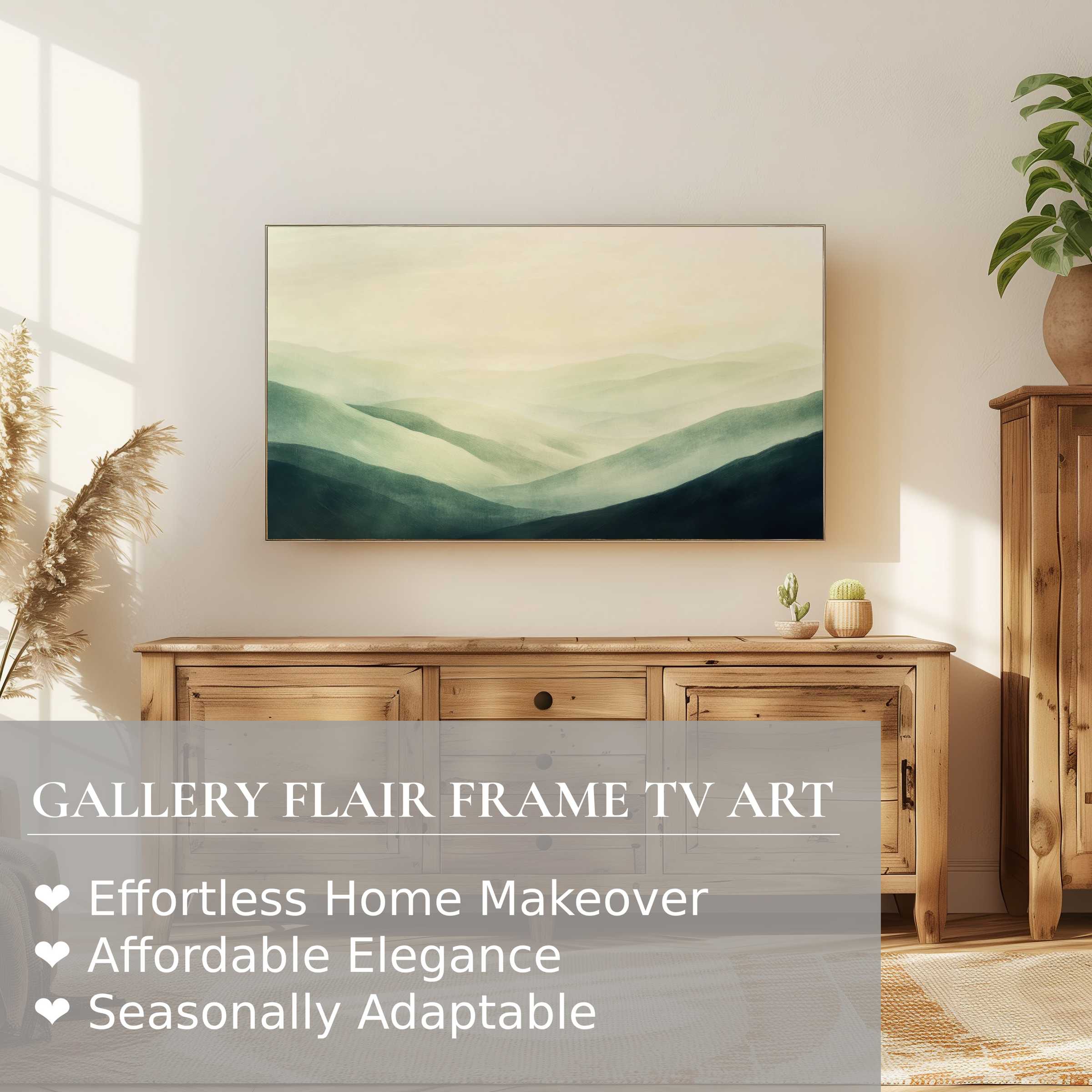 Samsung Frame TV showcasing serene landscape digital artwork in a sunlit, modern natural wood interior setting