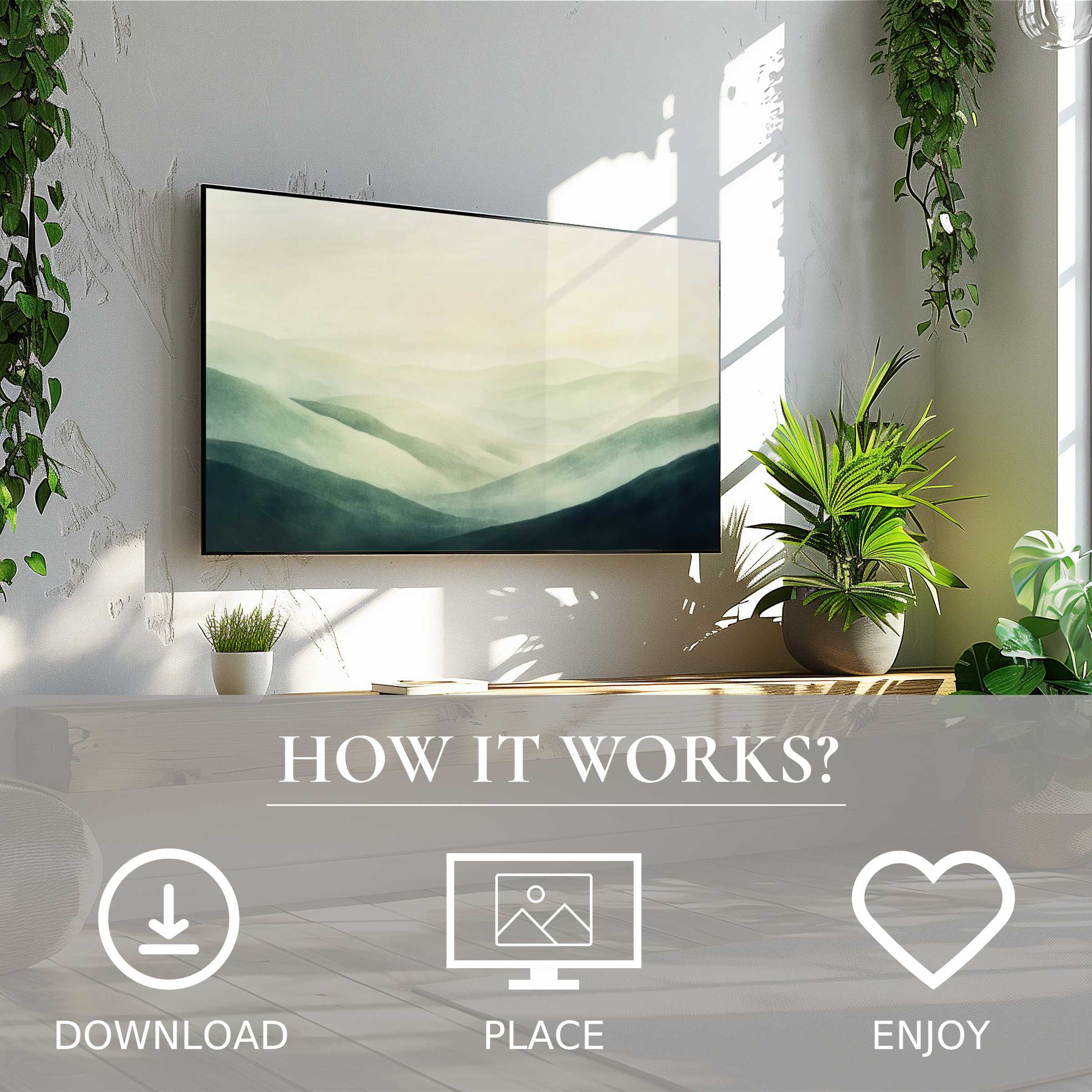 Landscape art for Samsung TV with soft misty hills; easy digital download enriches modern living spaces