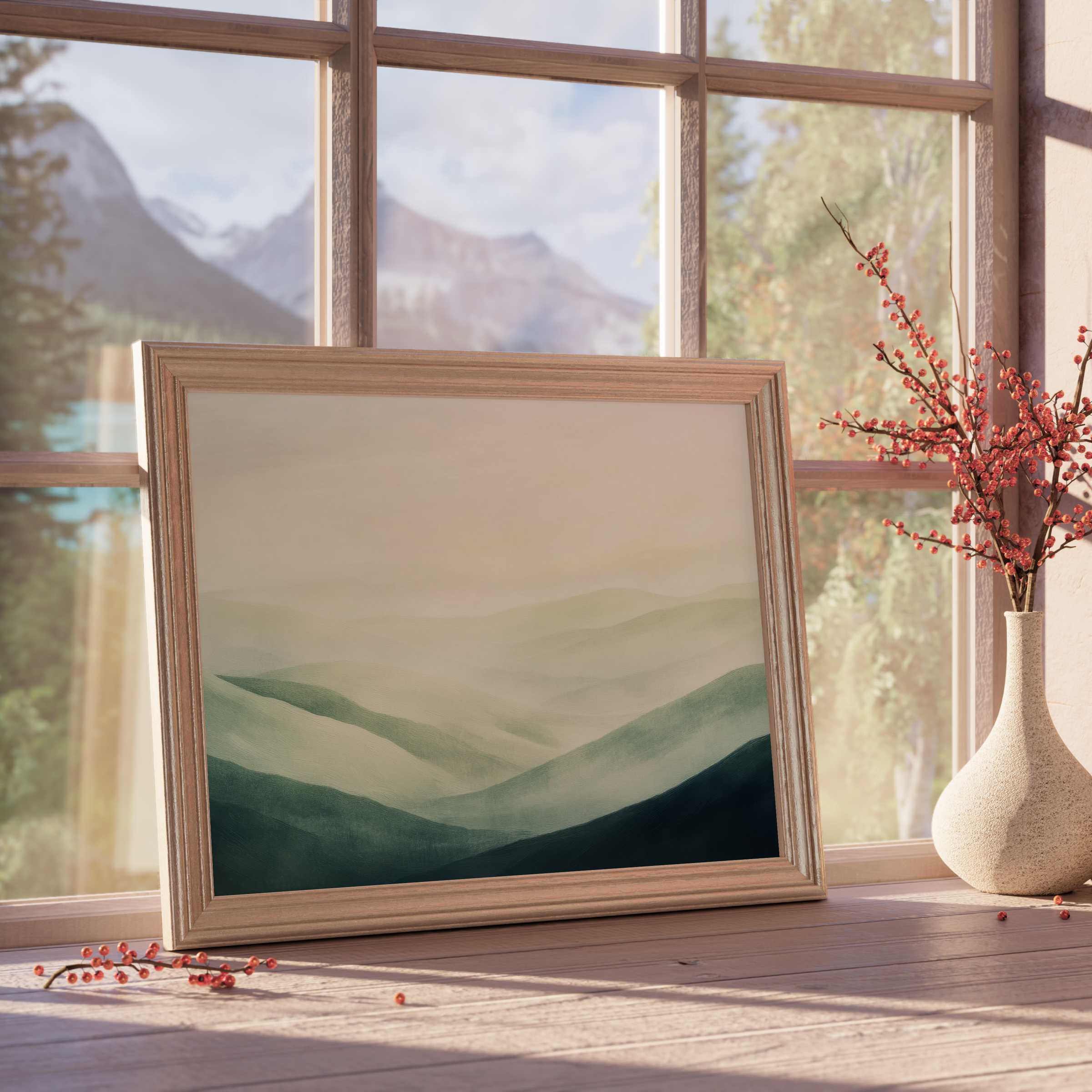 Mist-kissed hills in serene shades of green evoke tranquil calm, a perfect landscape downloadable art for refined interiors
