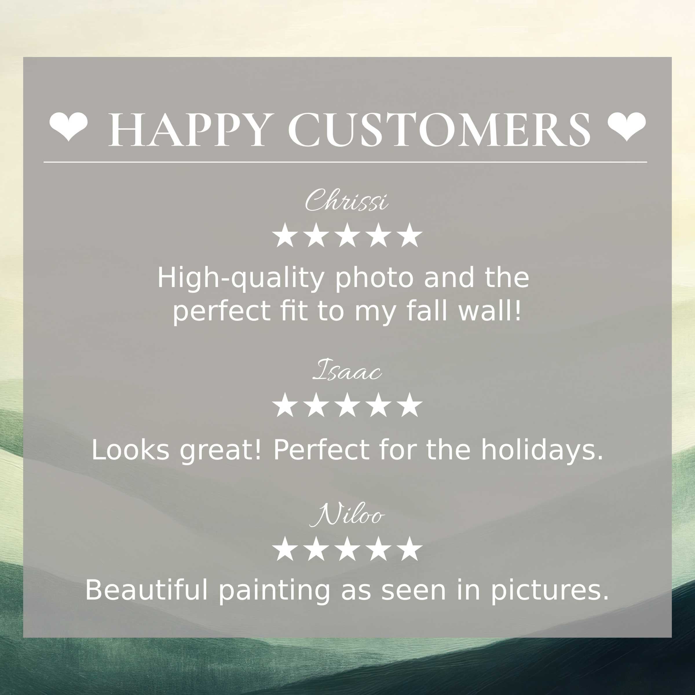 Positive happy customer reviews over serene landscape art for Frame TV with soft, muted gradient hills, inspiring trust and elegance
