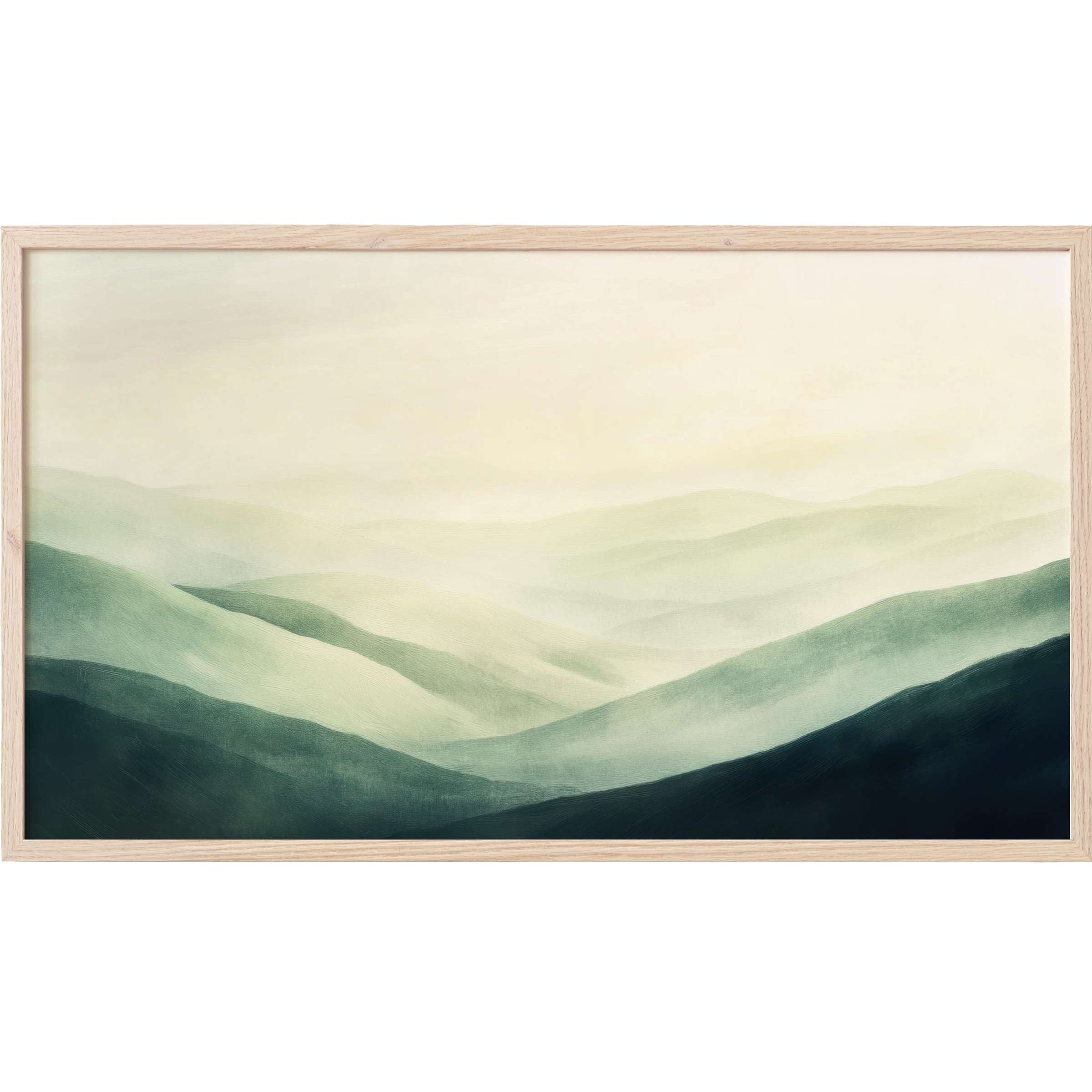 Serene misty mountain layers in soft greens and creams, perfect for refined landscape Frame TV Art decor