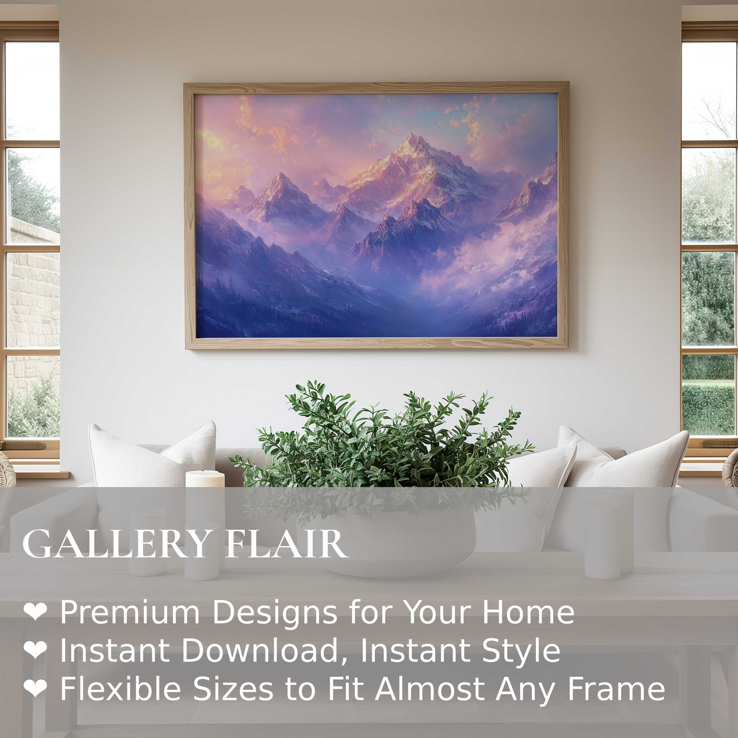 Vintage wall art print of serene sunlit mountainscape in soft pastels, enhancing modern minimalist interiors with calming, radiant ambiance and timeless elegance