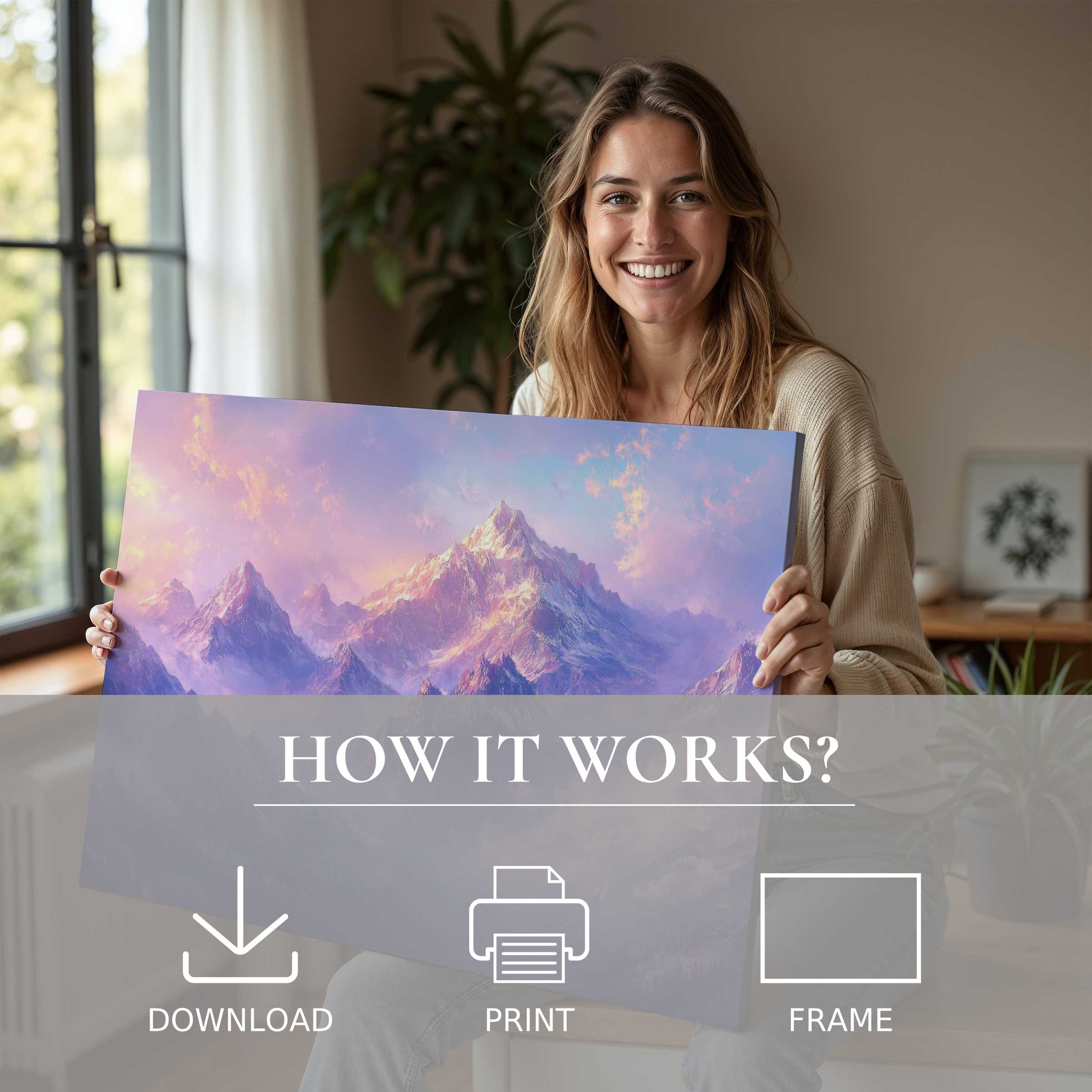 A serene moment of joy as a woman unveils a vintage digital art print, blending pastel mountain hues with effortless elegance for modern living