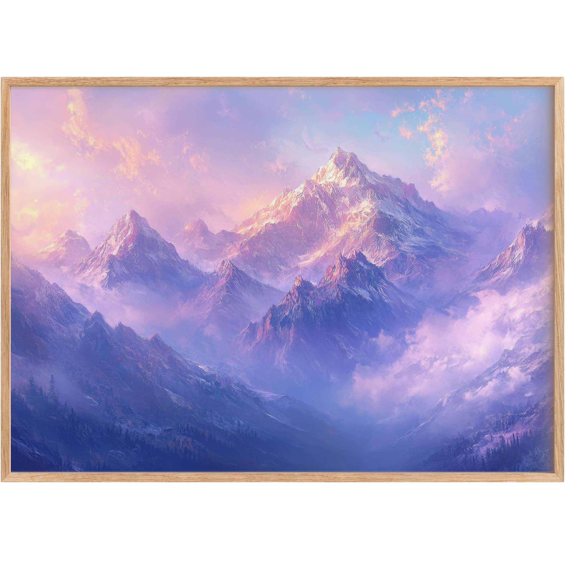 Vintage printable wall art capturing majestic mountains bathed in soft lavender and rose hues, evoking a serene and ethereal ambiance