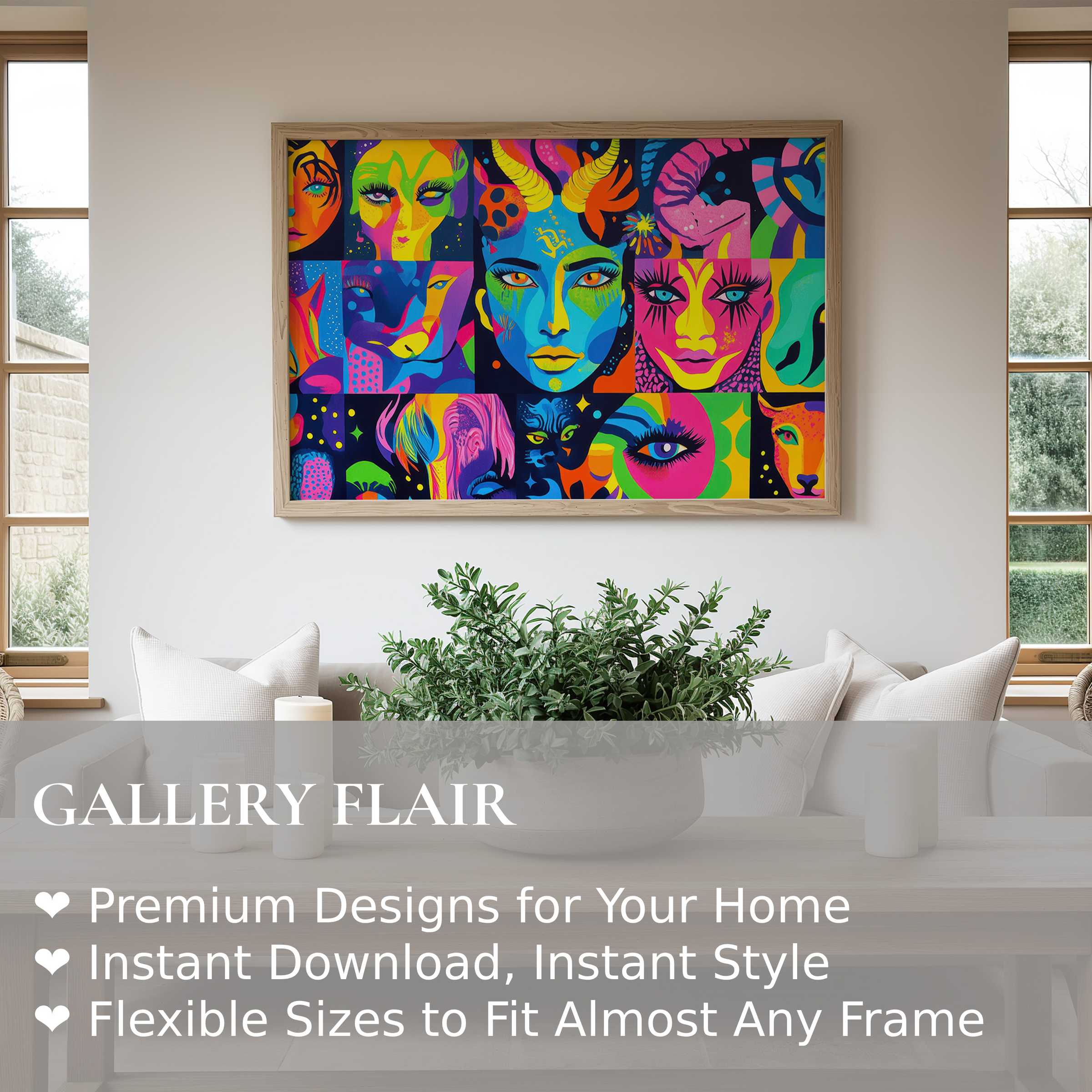 Vibrant pop art wall art print featuring striking faces and abstract motifs in bold neon hues, enriching minimalist modern interiors with dynamic, edgy flair and artistic depth