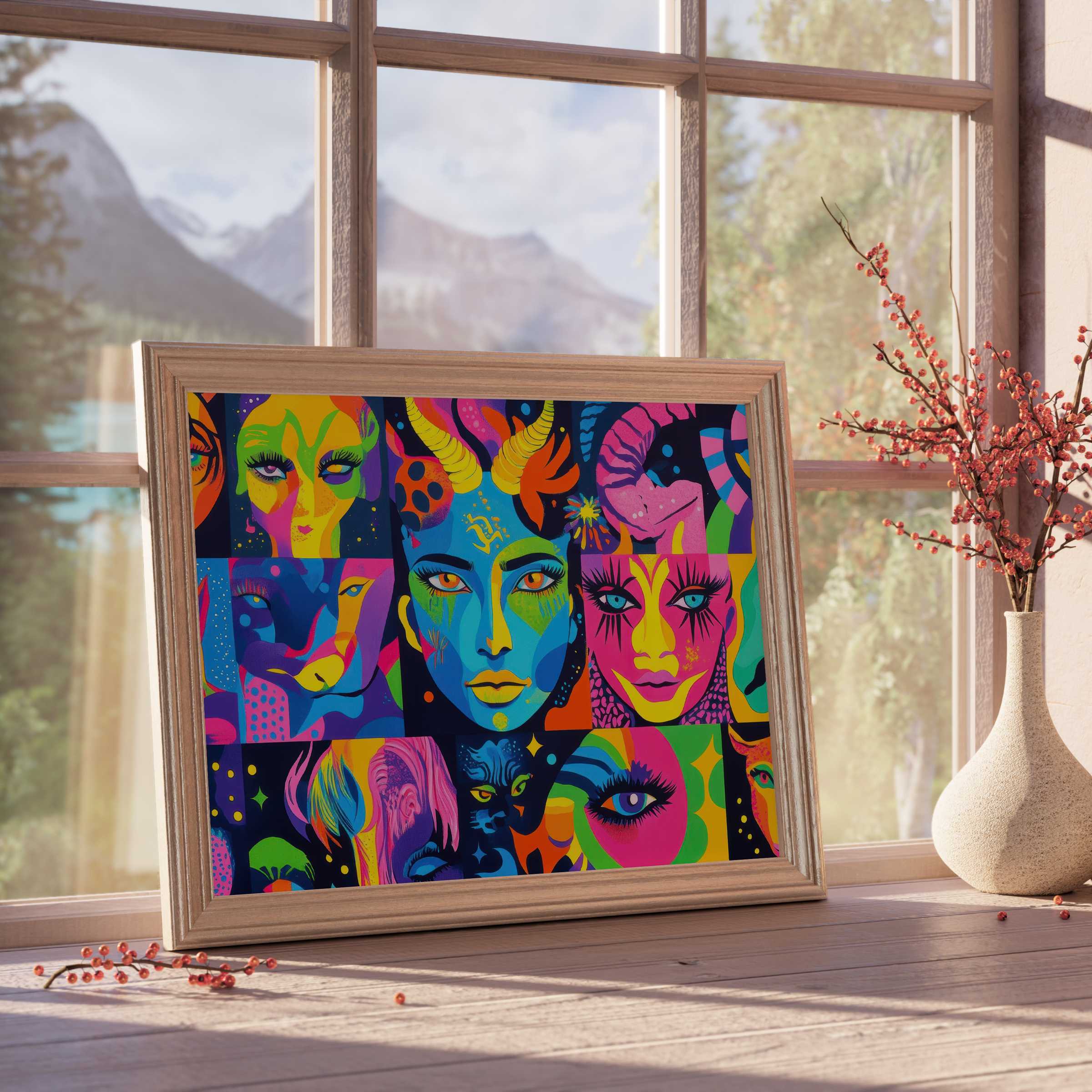 Vibrant pop art downloadable art featuring surreal faces in bold hues, perfect for elevating curated, design-forward interiors