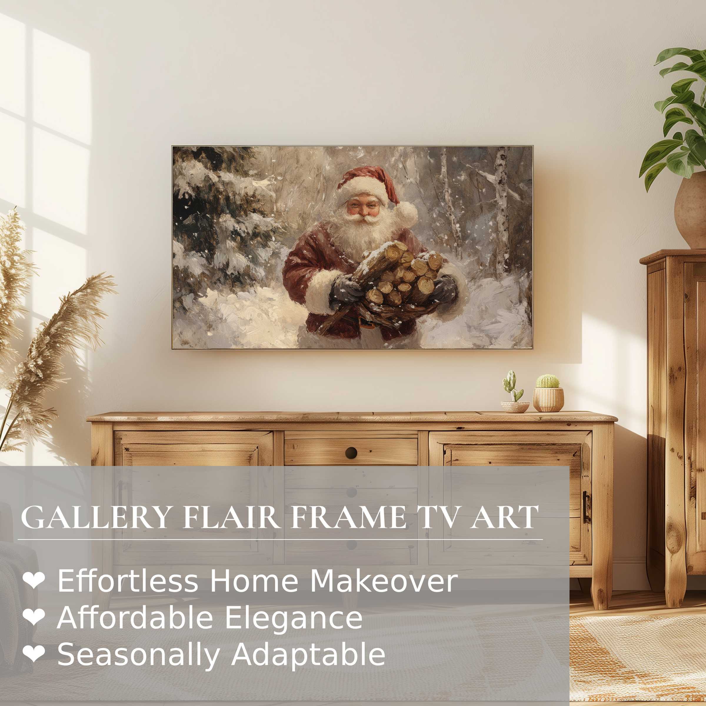 Samsung Frame TV displays warm, classic christmas digital artwork of Santa in a cozy, sunlit modern living space