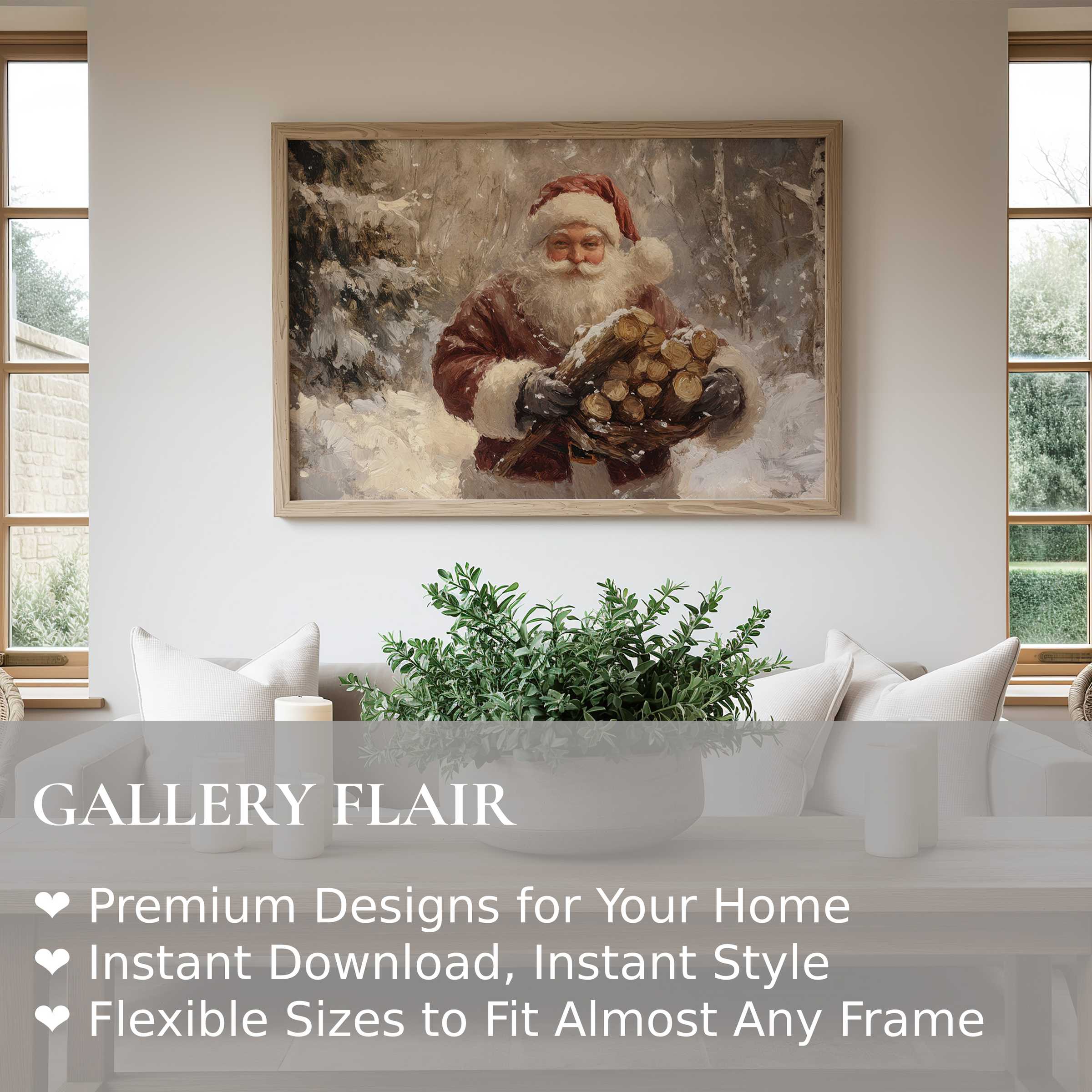 Christmas wall art print featuring a radiant Santa carrying firewood, enhancing cozy, modern farmhouse interiors with warm holiday charm