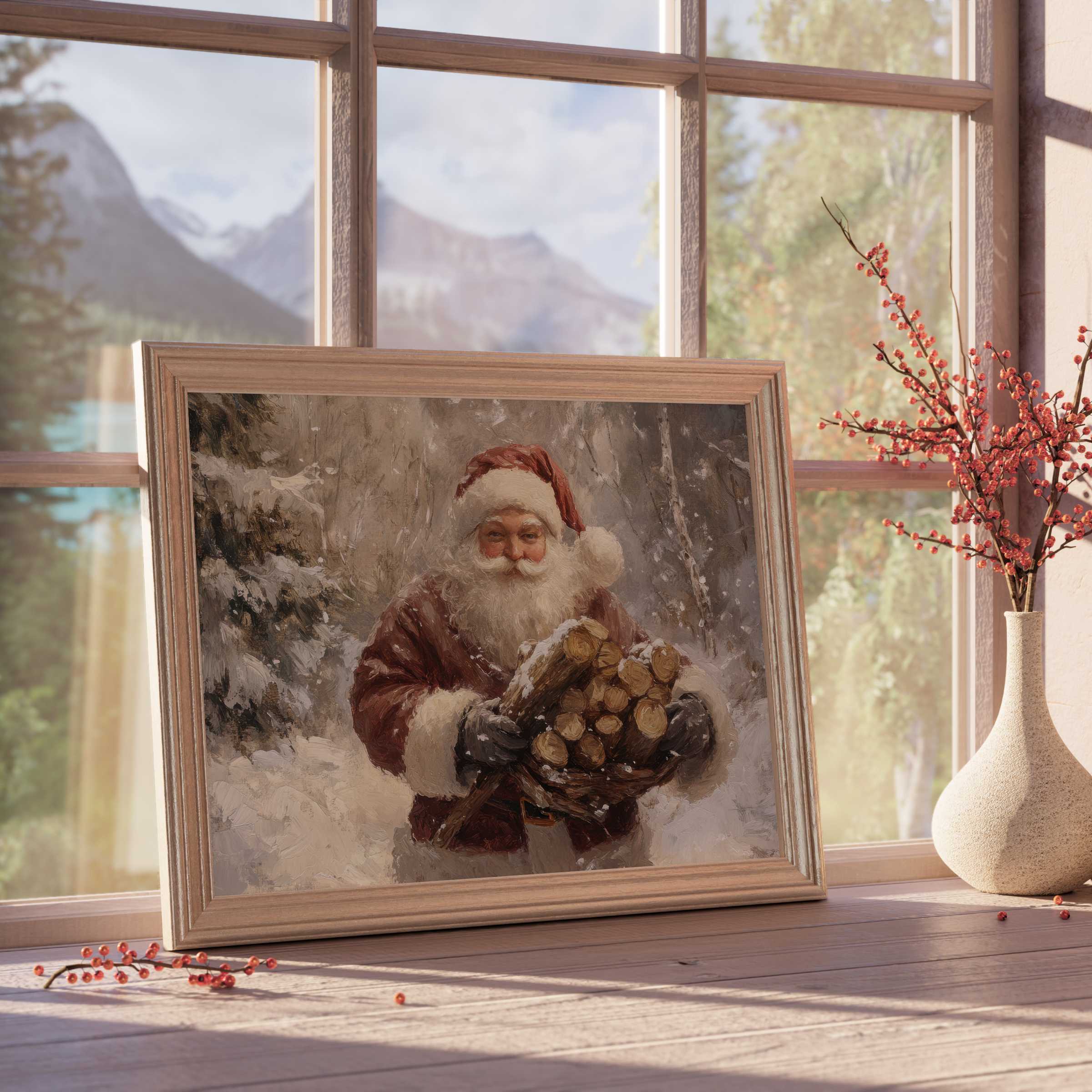 Christmas downloadable art featuring a warm, vintage Santa carrying wood, enhancing curated, tranquil, stylish holiday interiors