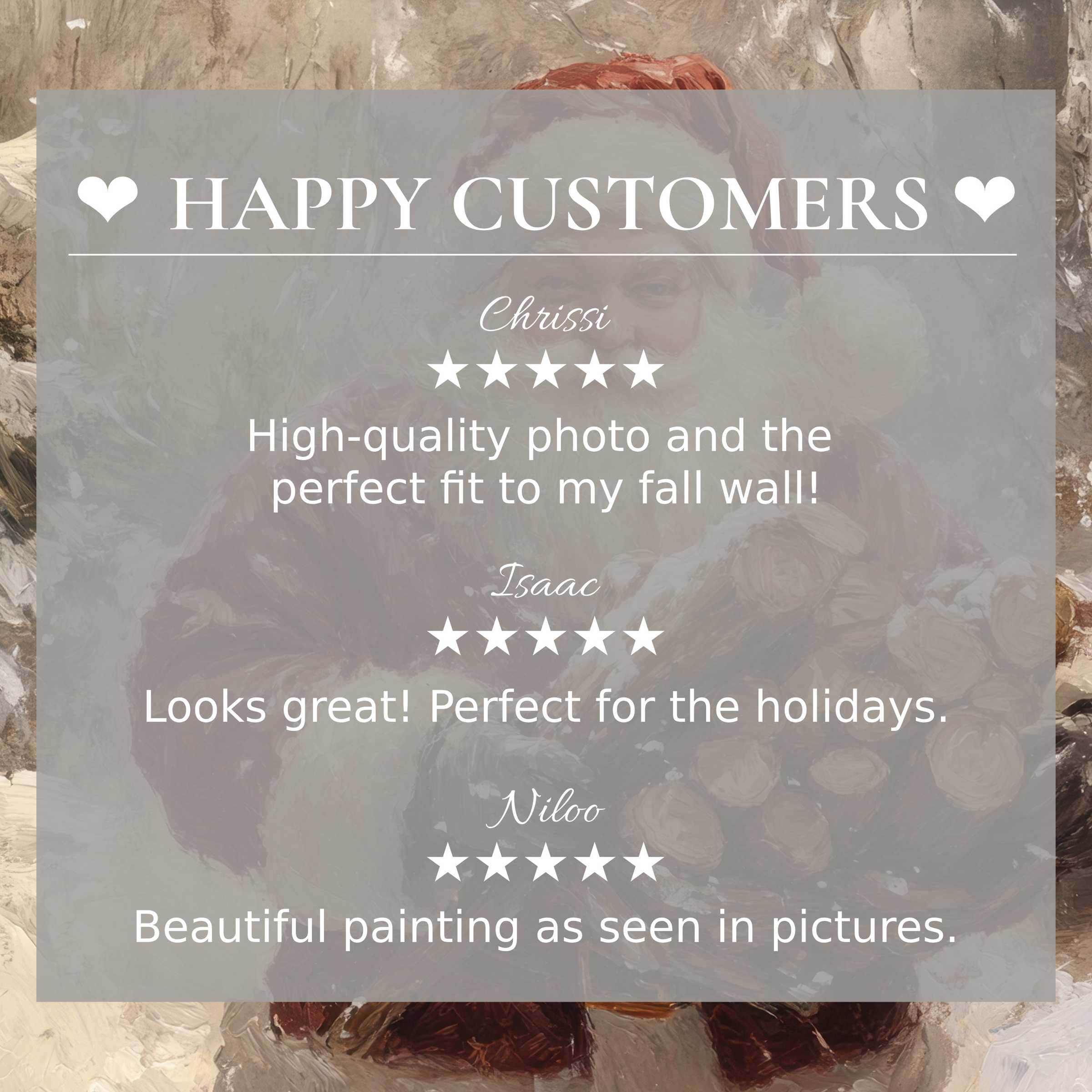 Elegant christmas art for Frame TV with rustic Santa background; layout inspires trust through happy customer reviews