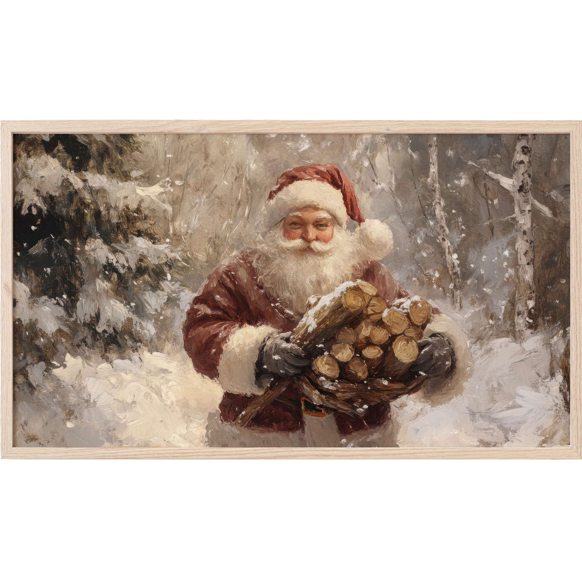 Elegant christmas Frame TV Art depicting Santa in warm reds and neutrals, carrying firewood in a snowy forest scene
