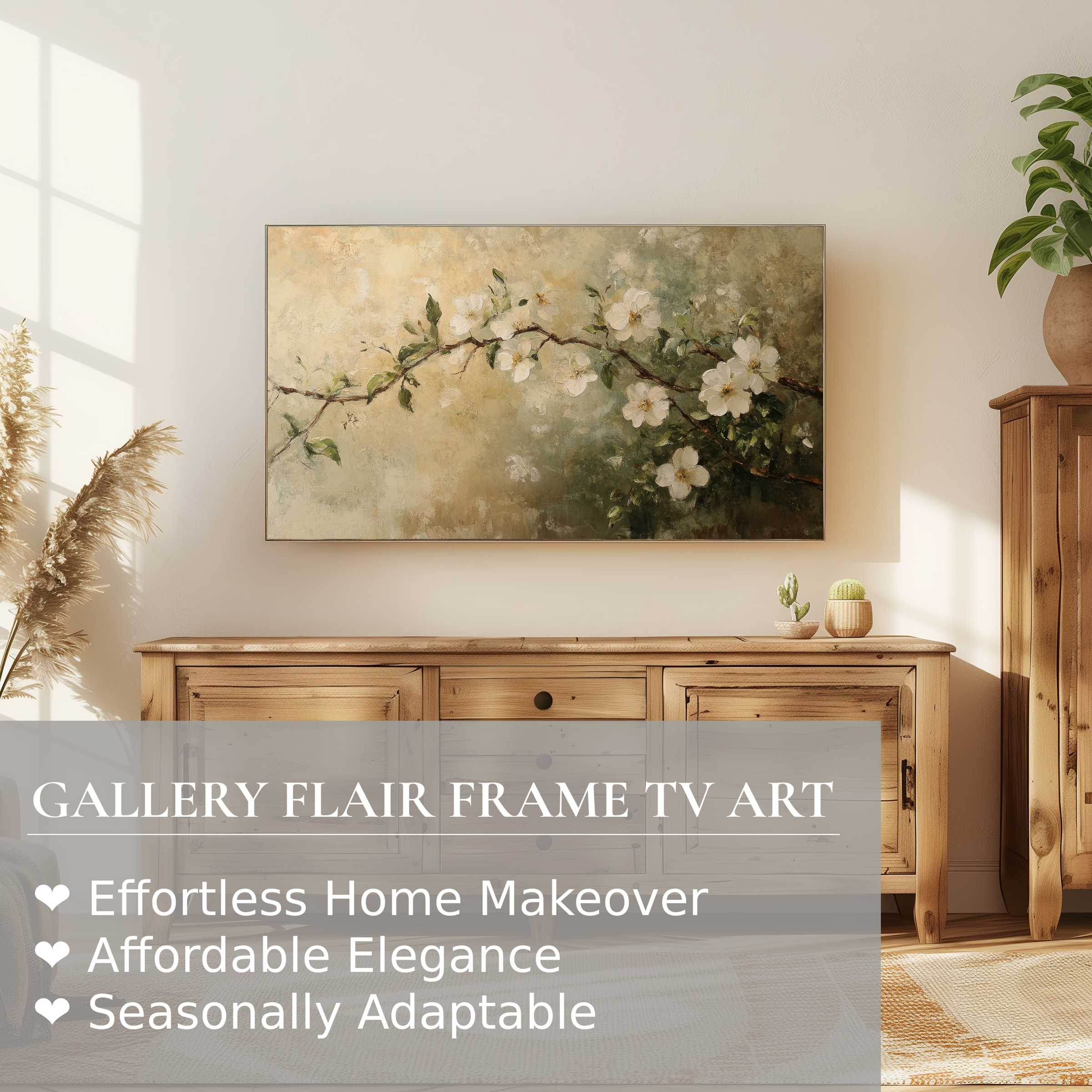Elegant spring digital artwork of blossoming branch on Samsung Frame TV in warm, modern living space with natural wood accents