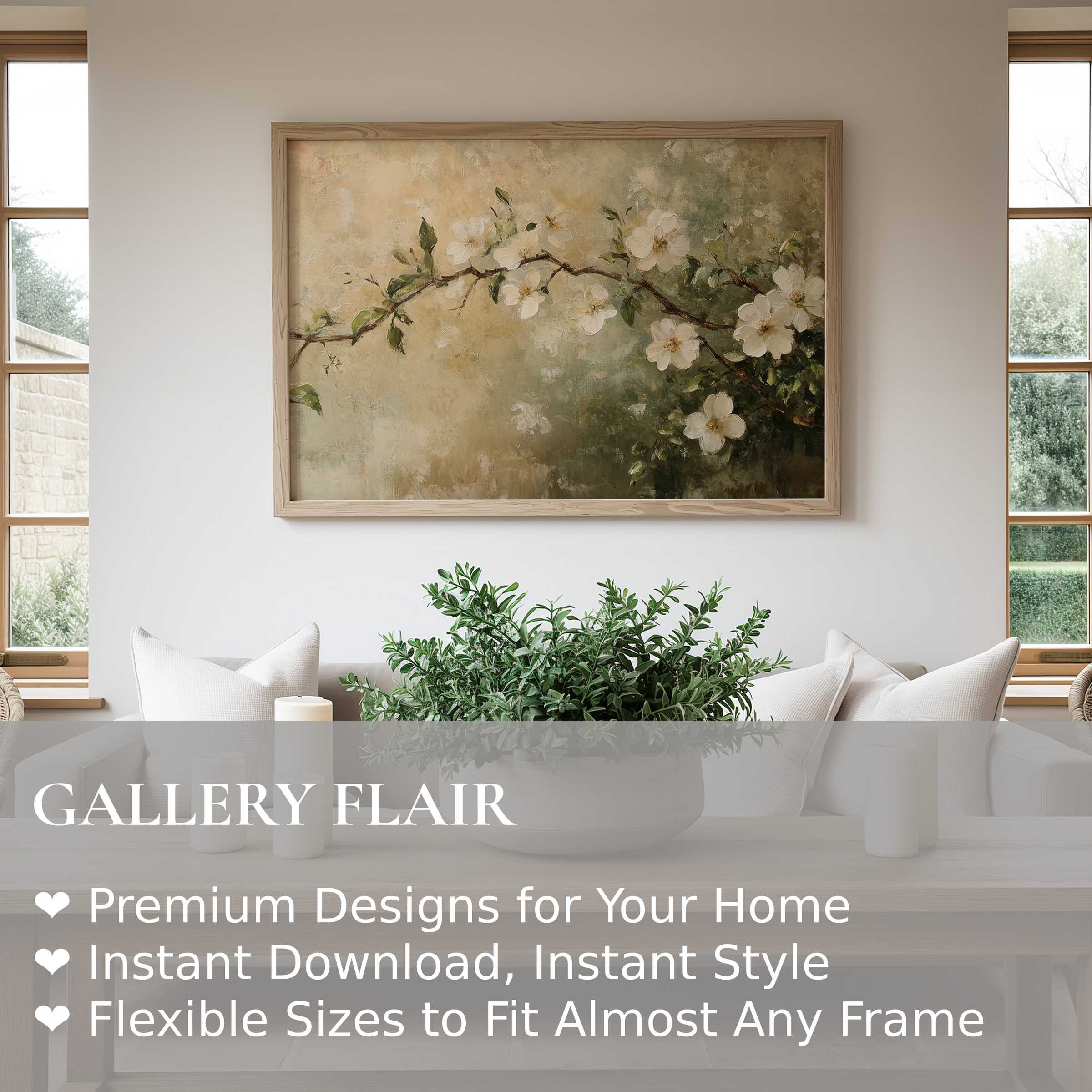 Spring wall art print featuring delicate white blossoms and lush greenery, radiating calm elegance in a modern minimalist living space