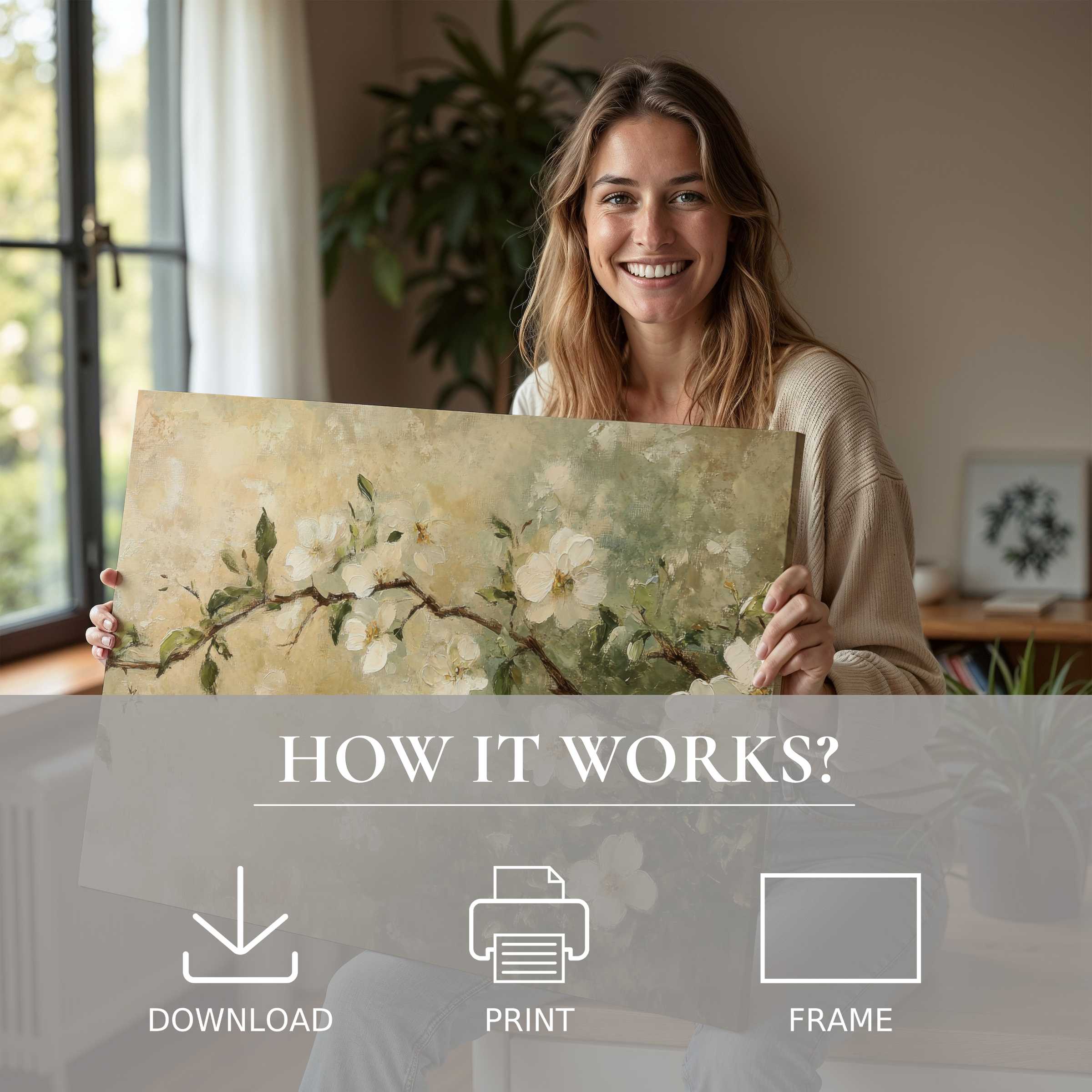 Radiant joy illuminates a serene modern home as a spring digital art print blooms in soft, earthy tones-effortlessly enriching everyday life