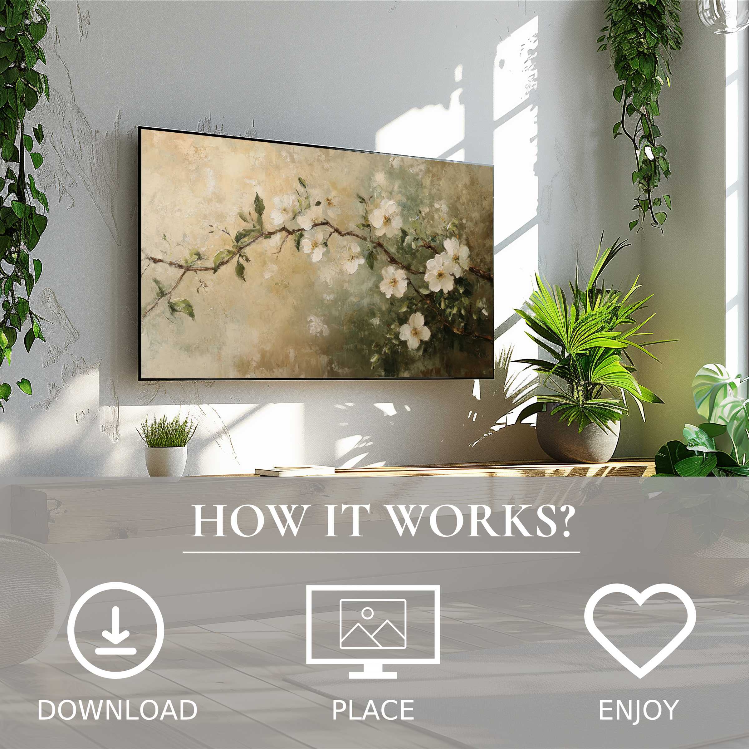 Spring art for Samsung TV with soft floral tones, easy digital download to enrich your modern living space