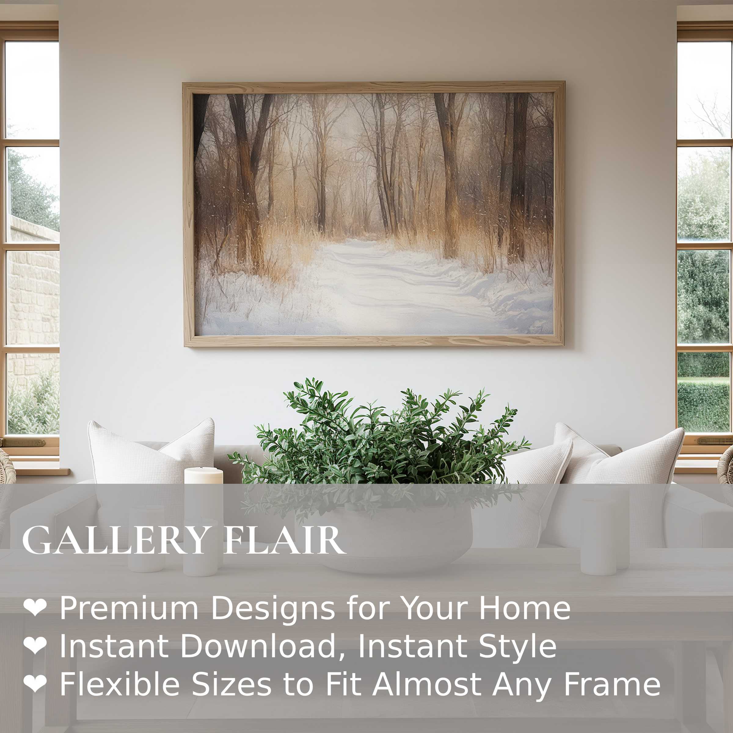 Winter wall art print featuring a serene snow-covered forest path with soft, muted tones enhancing this modern minimalist living space