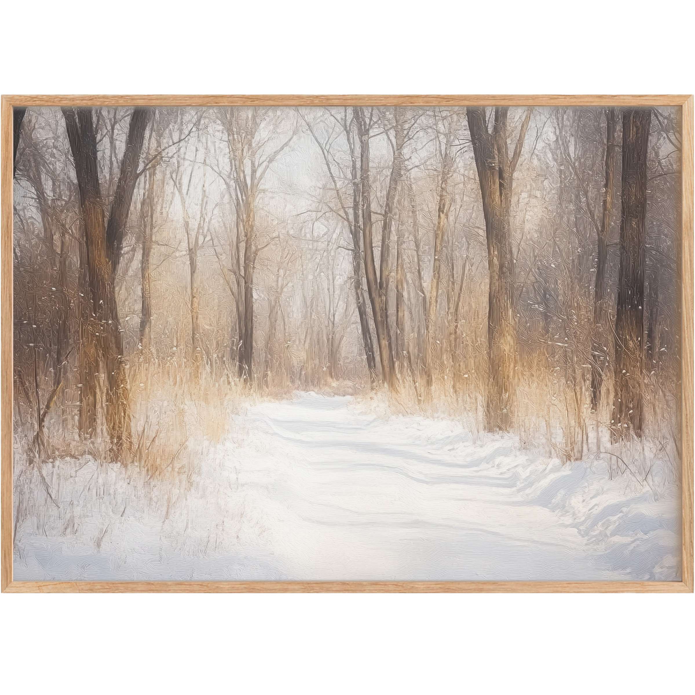 Winter printable wall art capturing a serene snow-laden path framed by golden-hued trees, evoking calm and timeless elegance