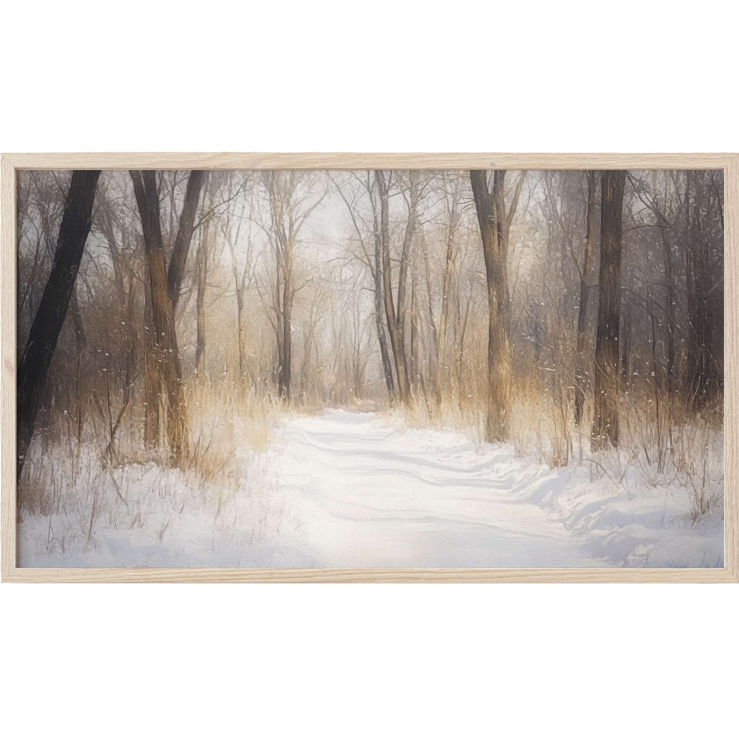 Serene winter forest path in soft grays and warm browns, an elegant winter Frame TV Art for modern decor