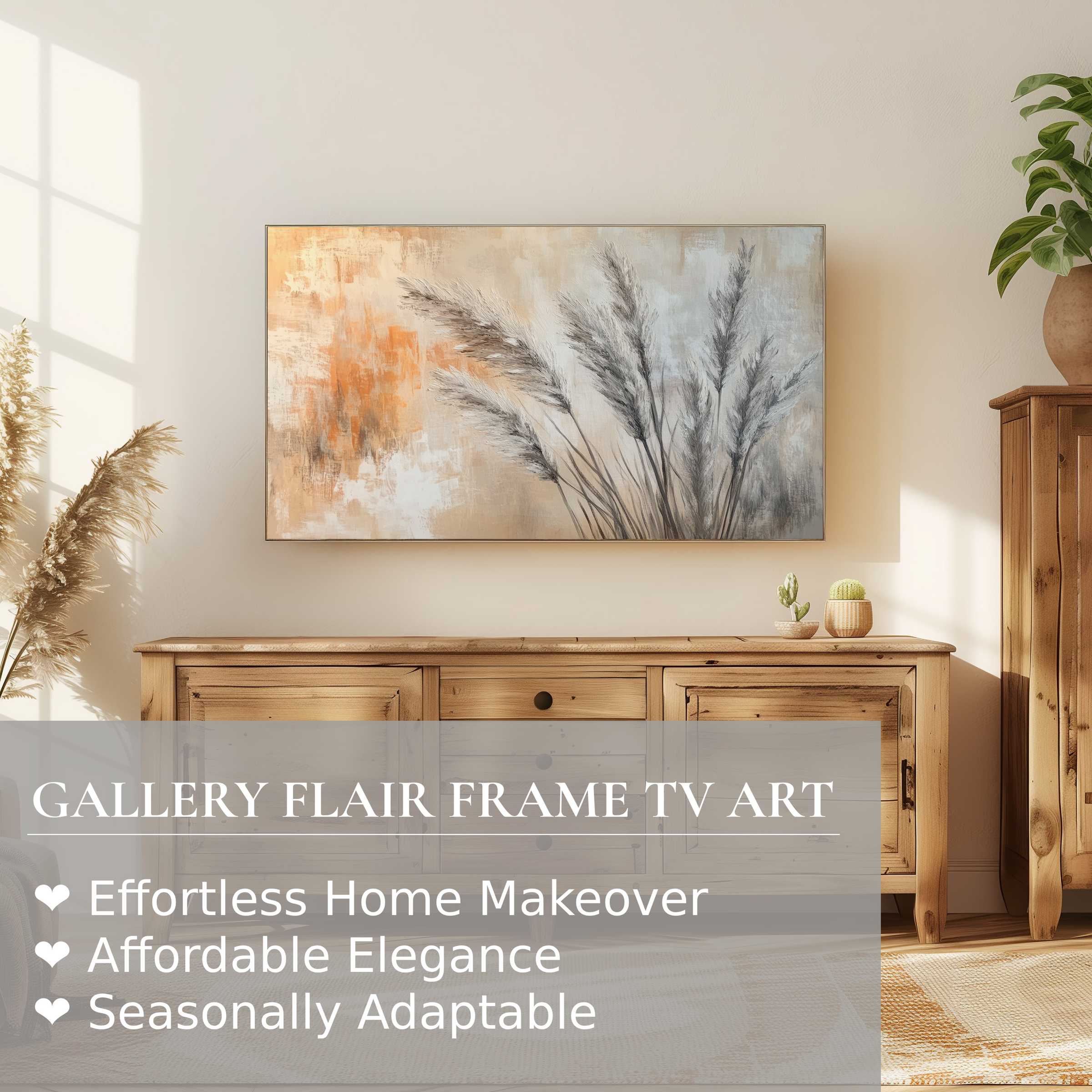 Samsung Frame TV displaying elegant boho digital artwork in a sunlit, natural wood and neutral-toned living space