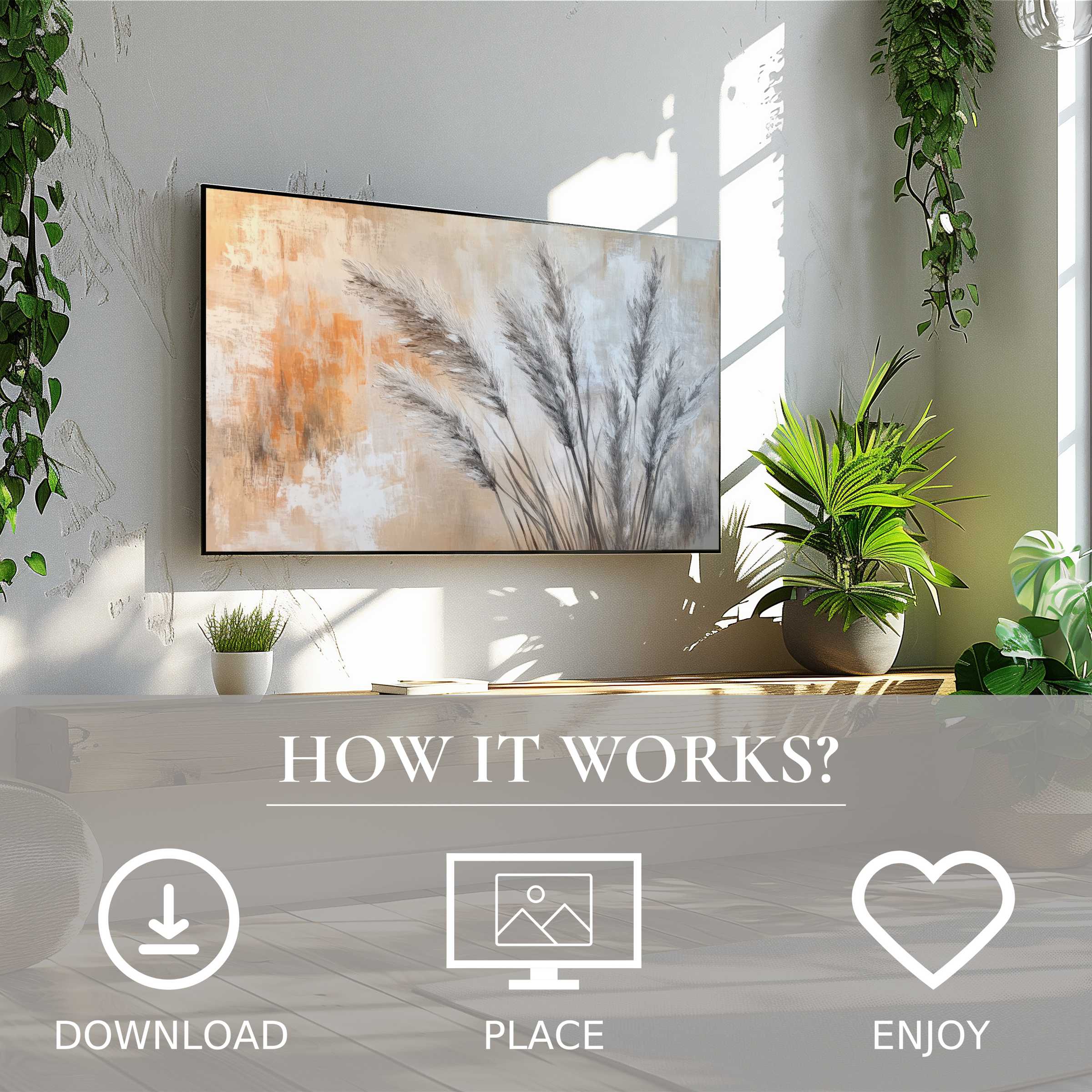 Boho art for Samsung TV shows soft sunset tones with pampas grass; easy digital download enriches modern living spaces