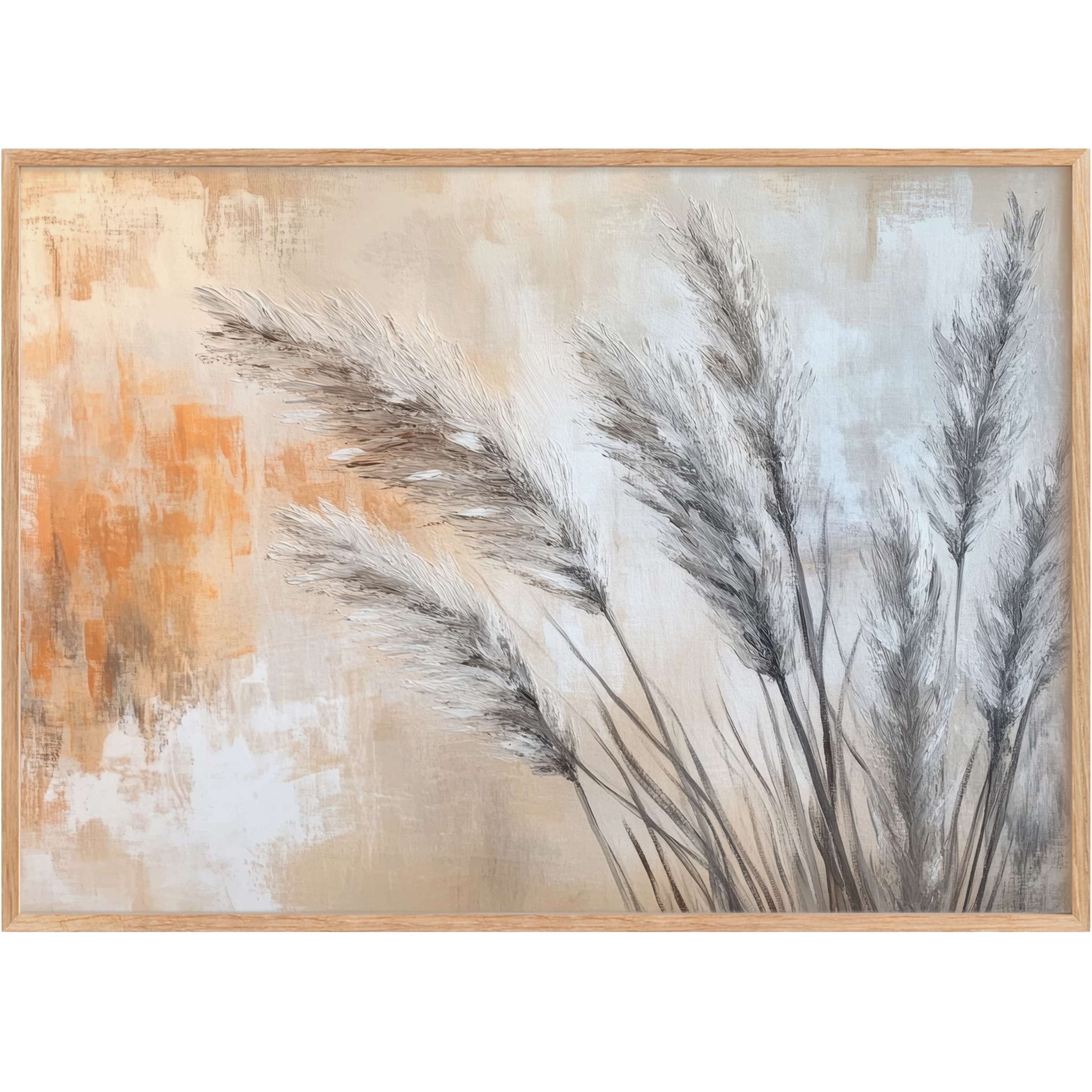 Elegant boho printable wall art with soft gray pampas grass against warm beige and burnt orange hues, evoking serene earthiness and timeless style