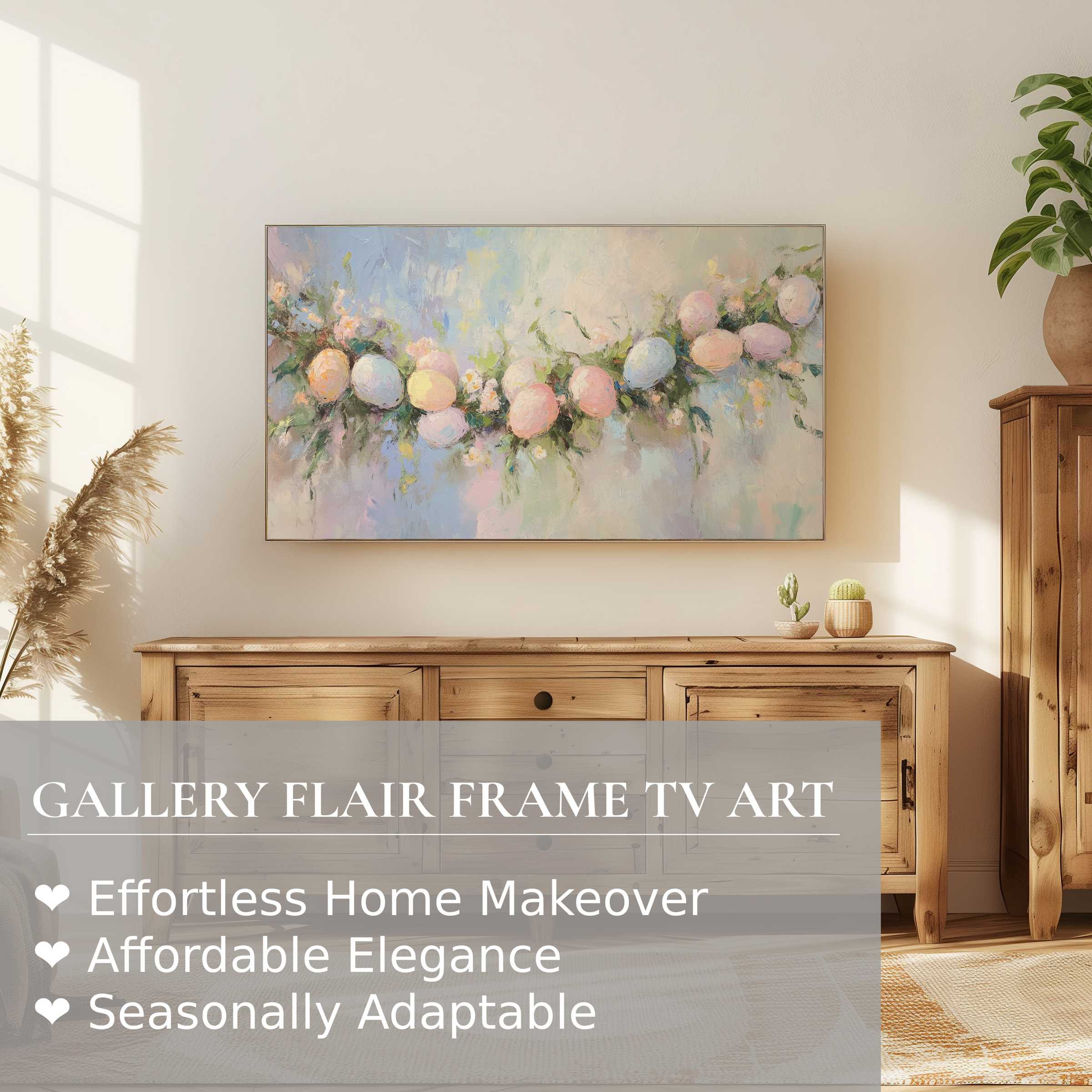 Samsung Frame TV showcasing refined pastel easter digital artwork in a bright, minimalist living space