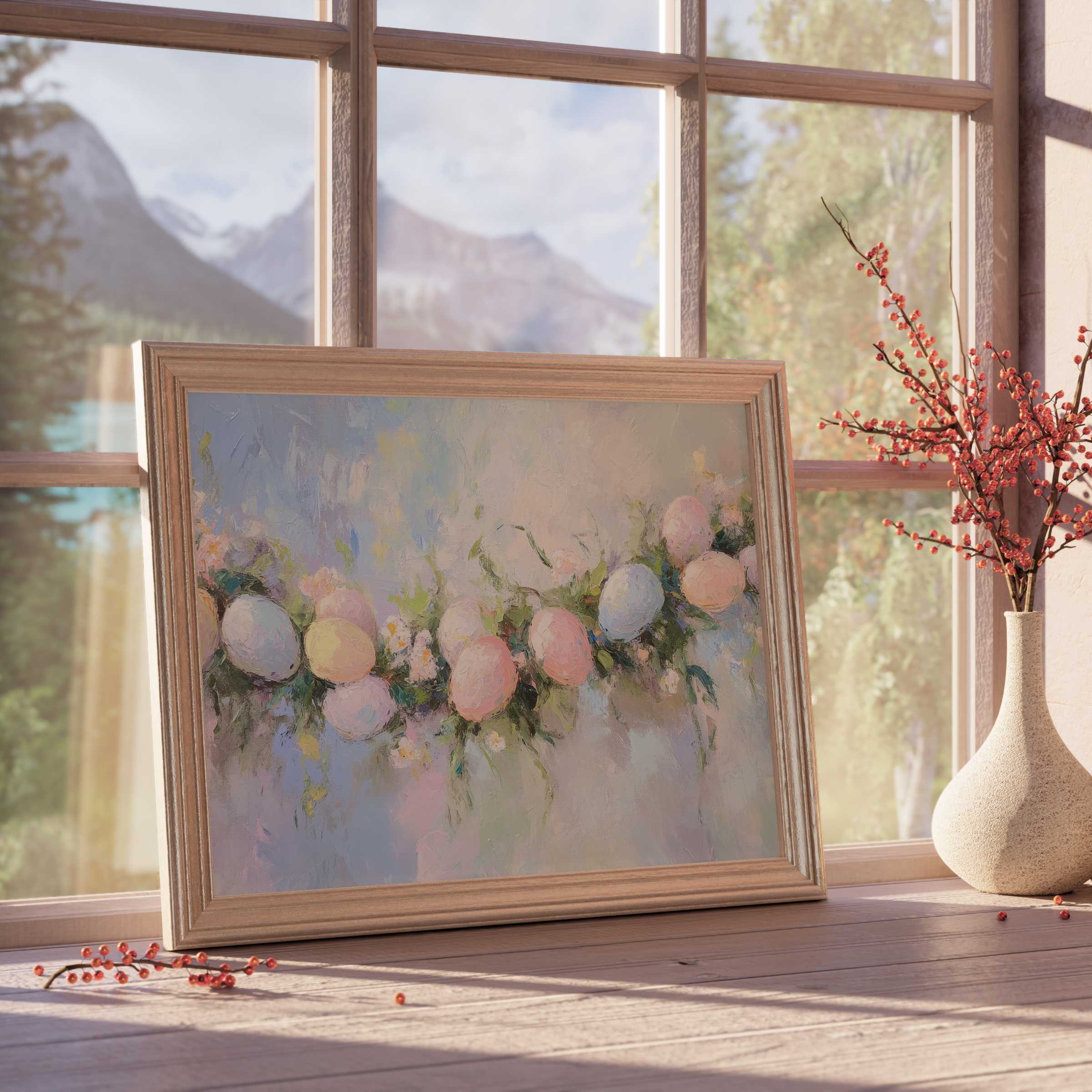 Easter downloadable art featuring delicate pastel eggs and blossoms, enhancing serene, curated interiors with timeless elegance
