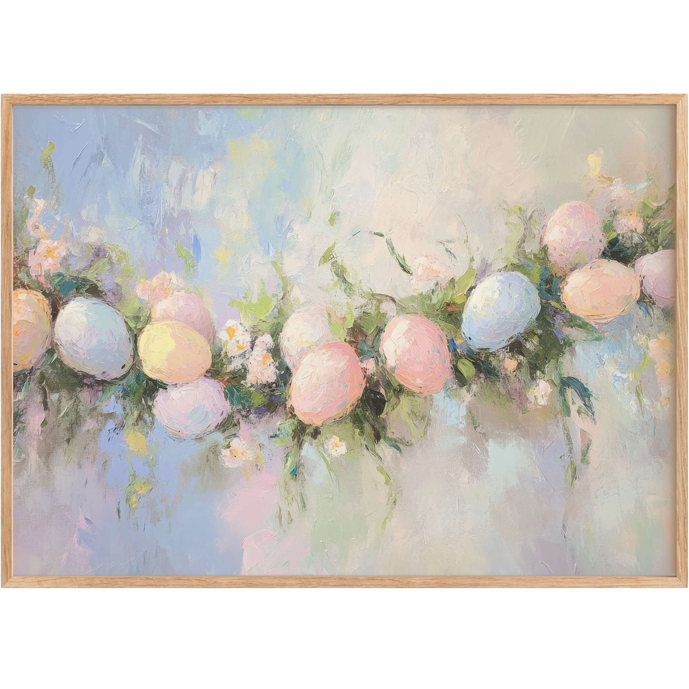 Pastel-hued Easter printable wall art with soft pinks, blues, and greens, evoking a serene and elegant springtime charm