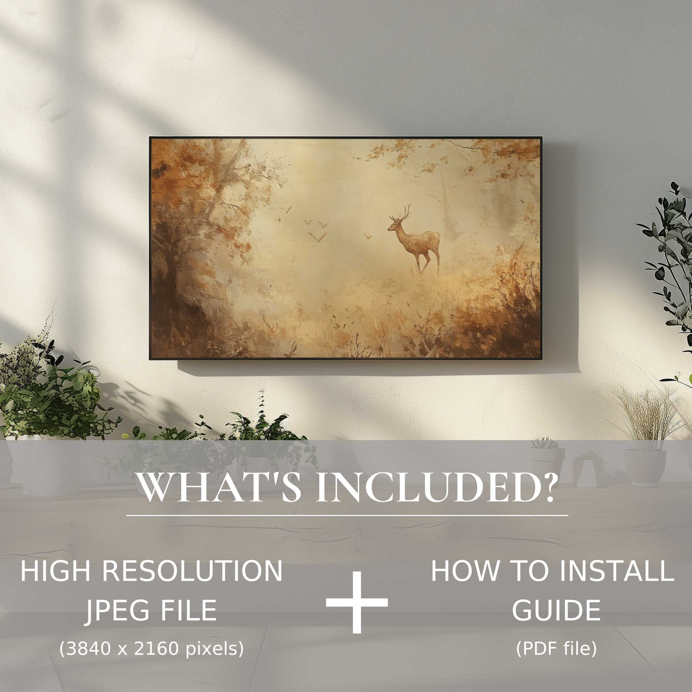 Elegant fall digital TV art download of serene stag scene, easy to install and enhances modern living spaces with warm charm