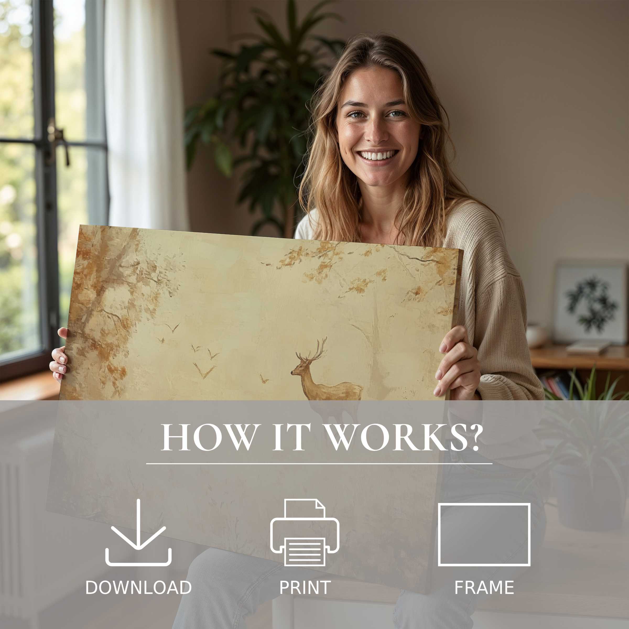 Refined fall digital art print radiates warmth and calm, captured in a serene moment of joyful connection with art