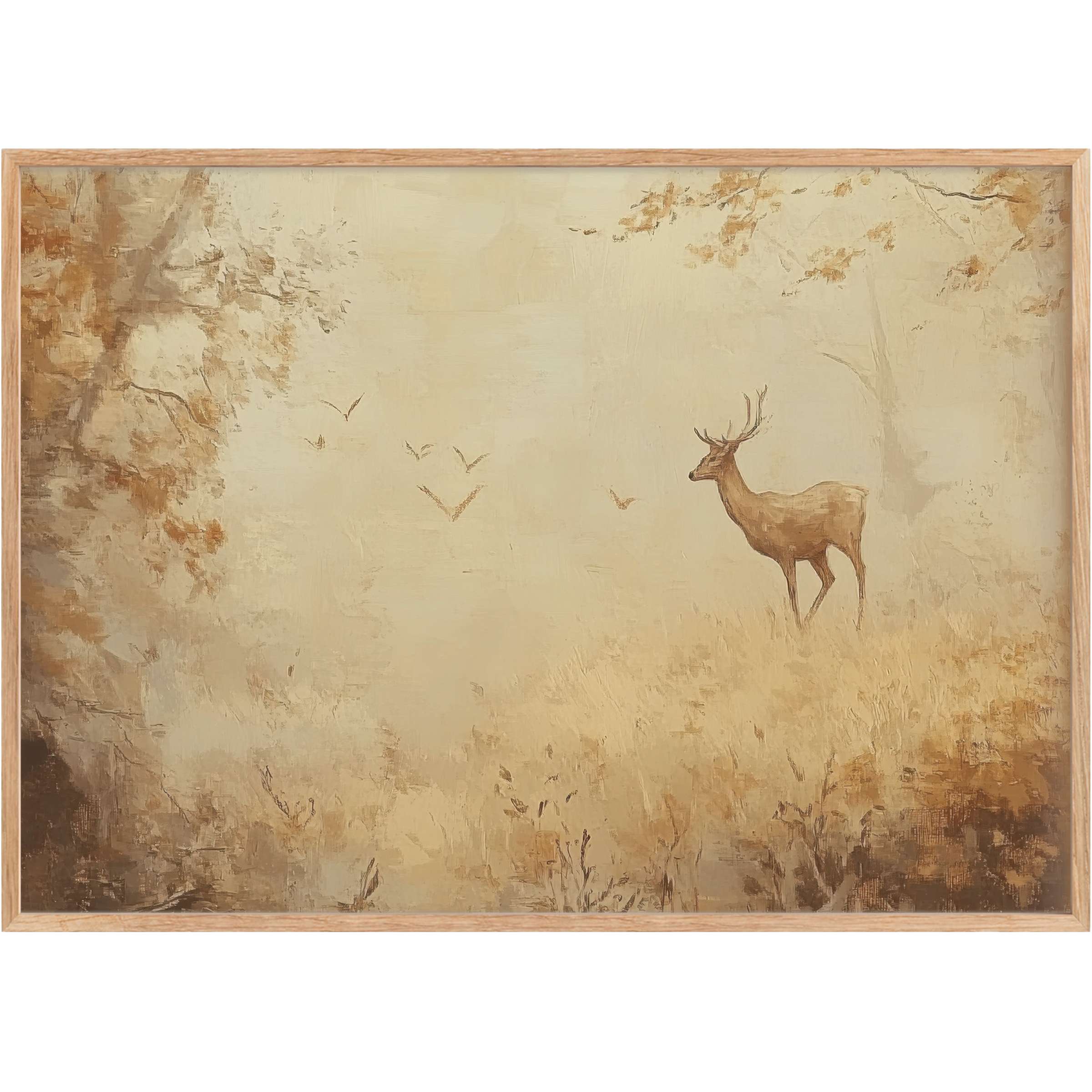 Serene fall printable wall art featuring a graceful deer amidst soft golden hues, evoking warmth and peaceful autumn elegance