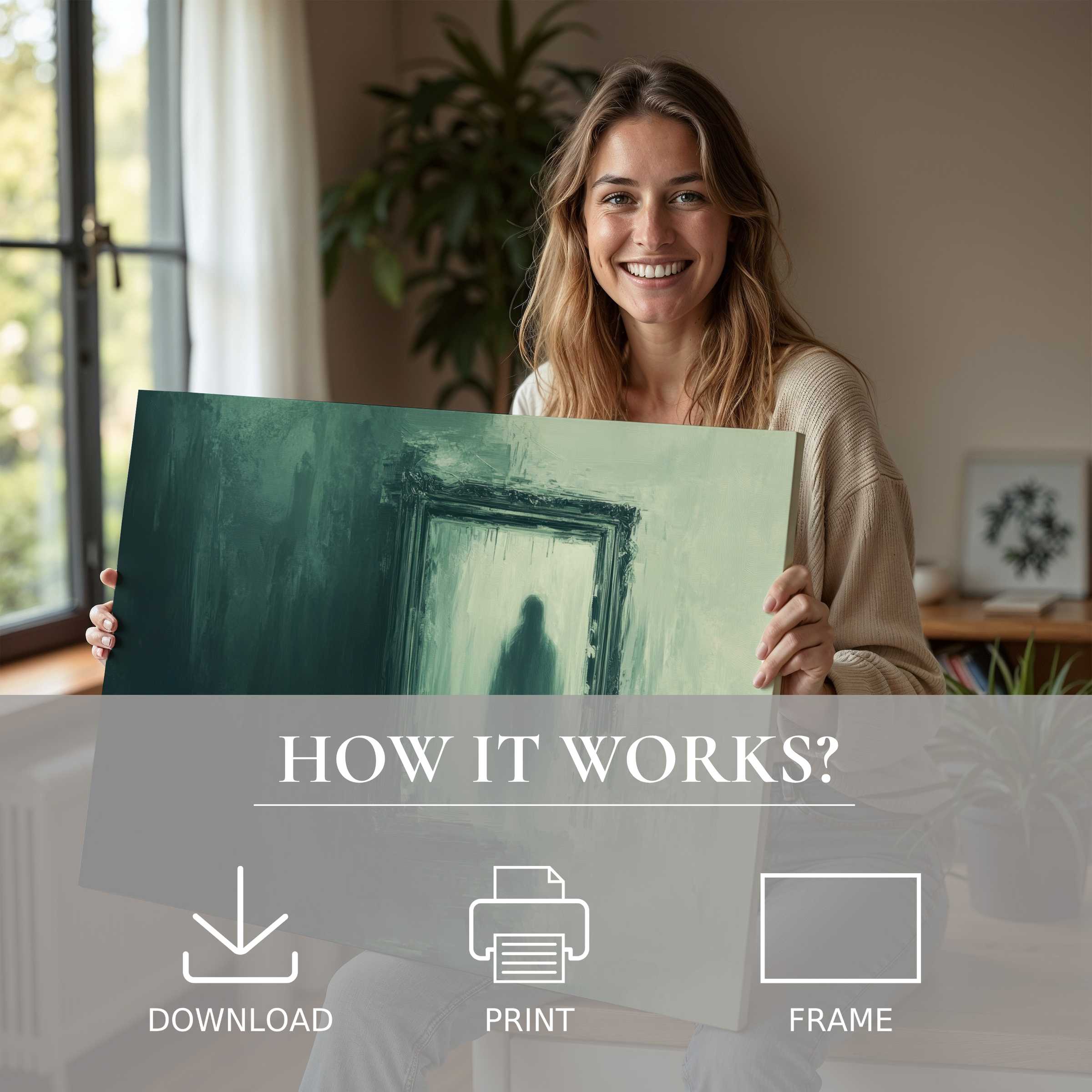 A serene moment of joy and connection in modern living, embracing a Halloween digital art print’s haunting allure