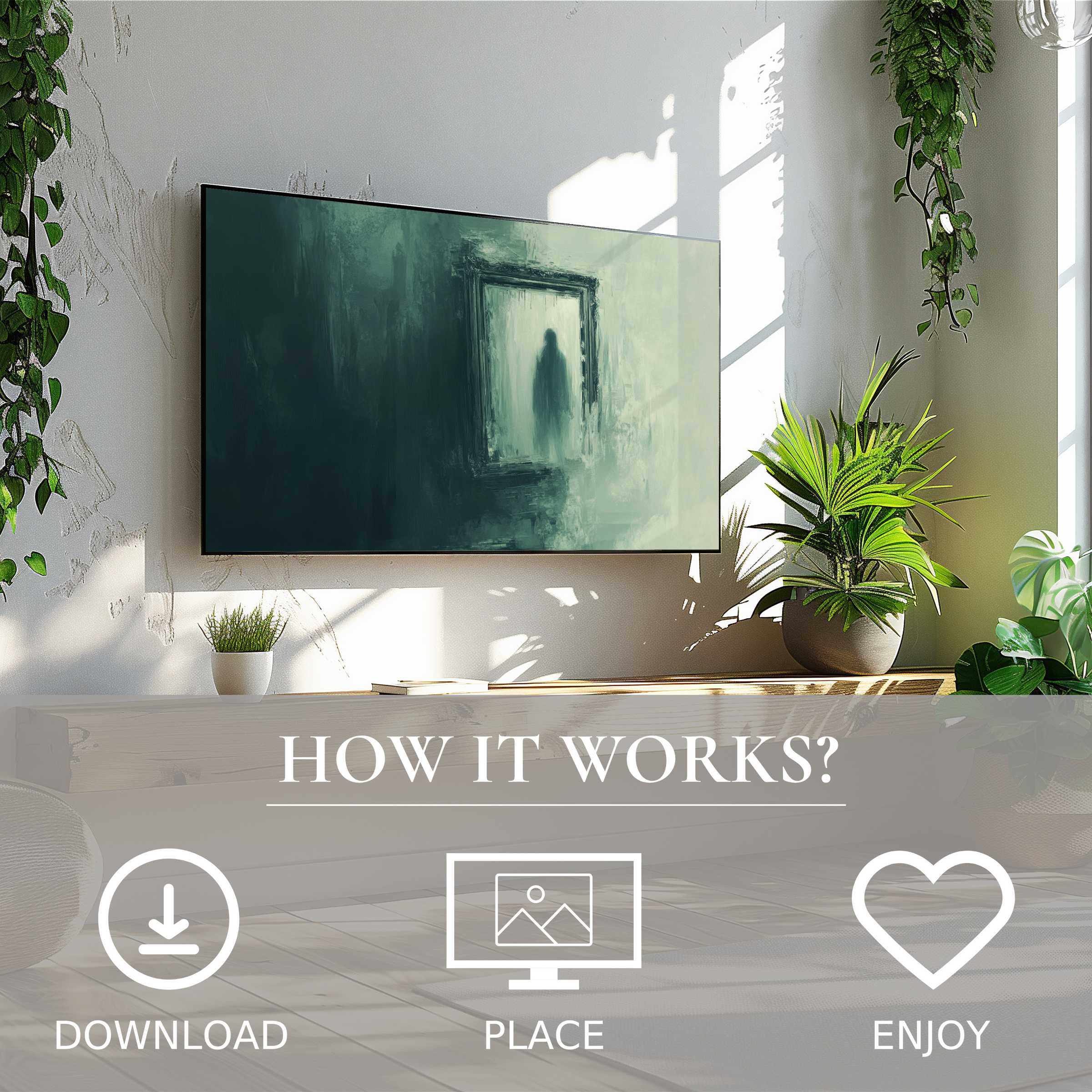 Modern living space with easy digital download; Halloween art for Samsung TV shows eerie green mist and shadow figure