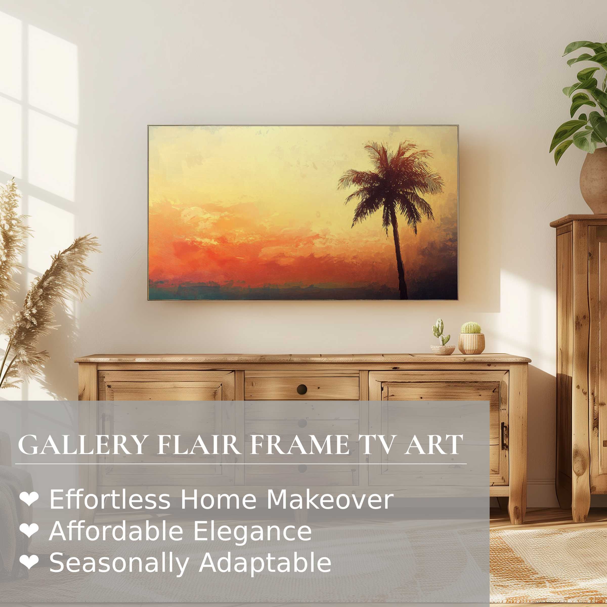 Samsung Frame TV displays serene beach digital artwork with warm sunset tones in a modern, elegant living space