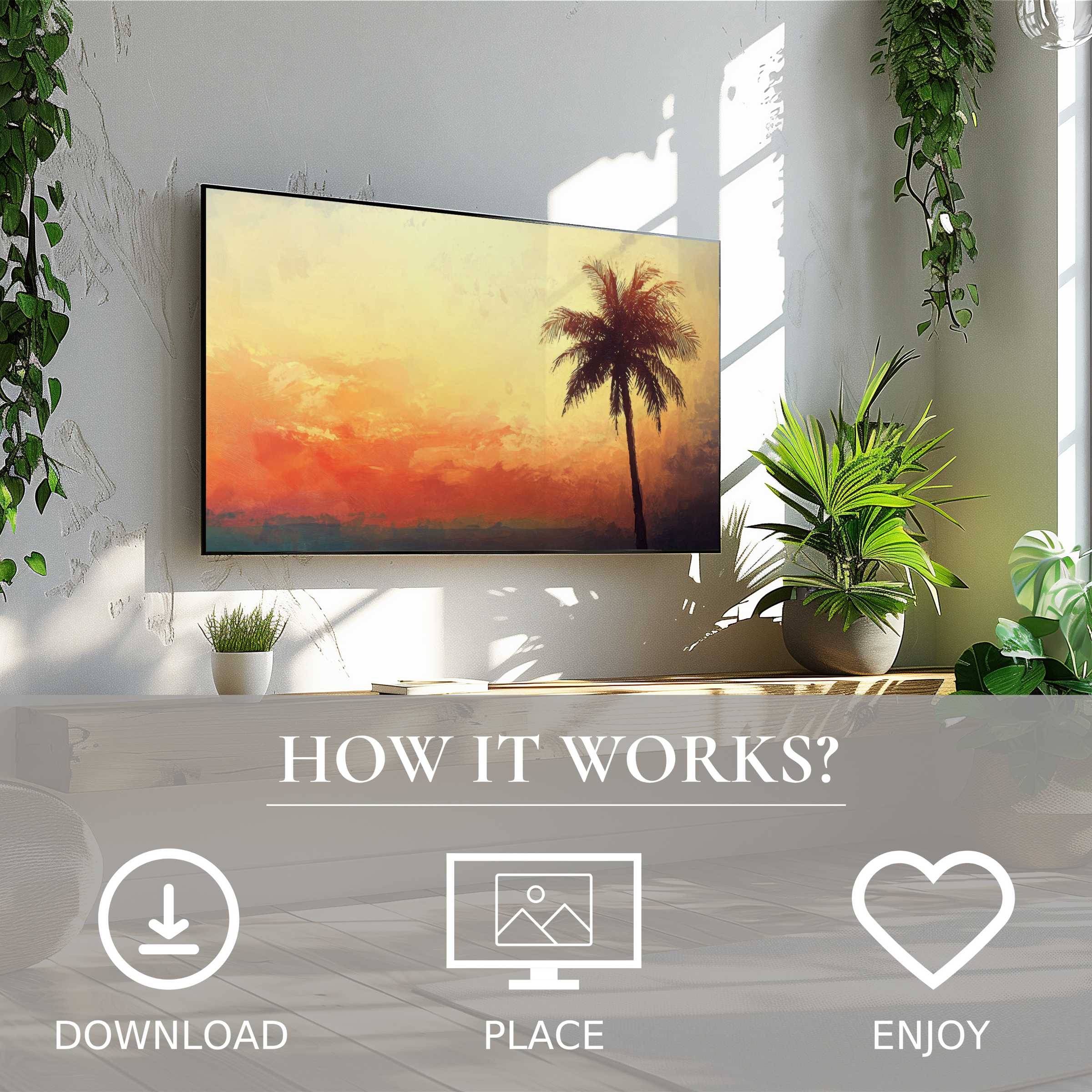 Beach art for Samsung TV shows soft sunset tones and a lone palm silhouette, easy digital download enriches decor