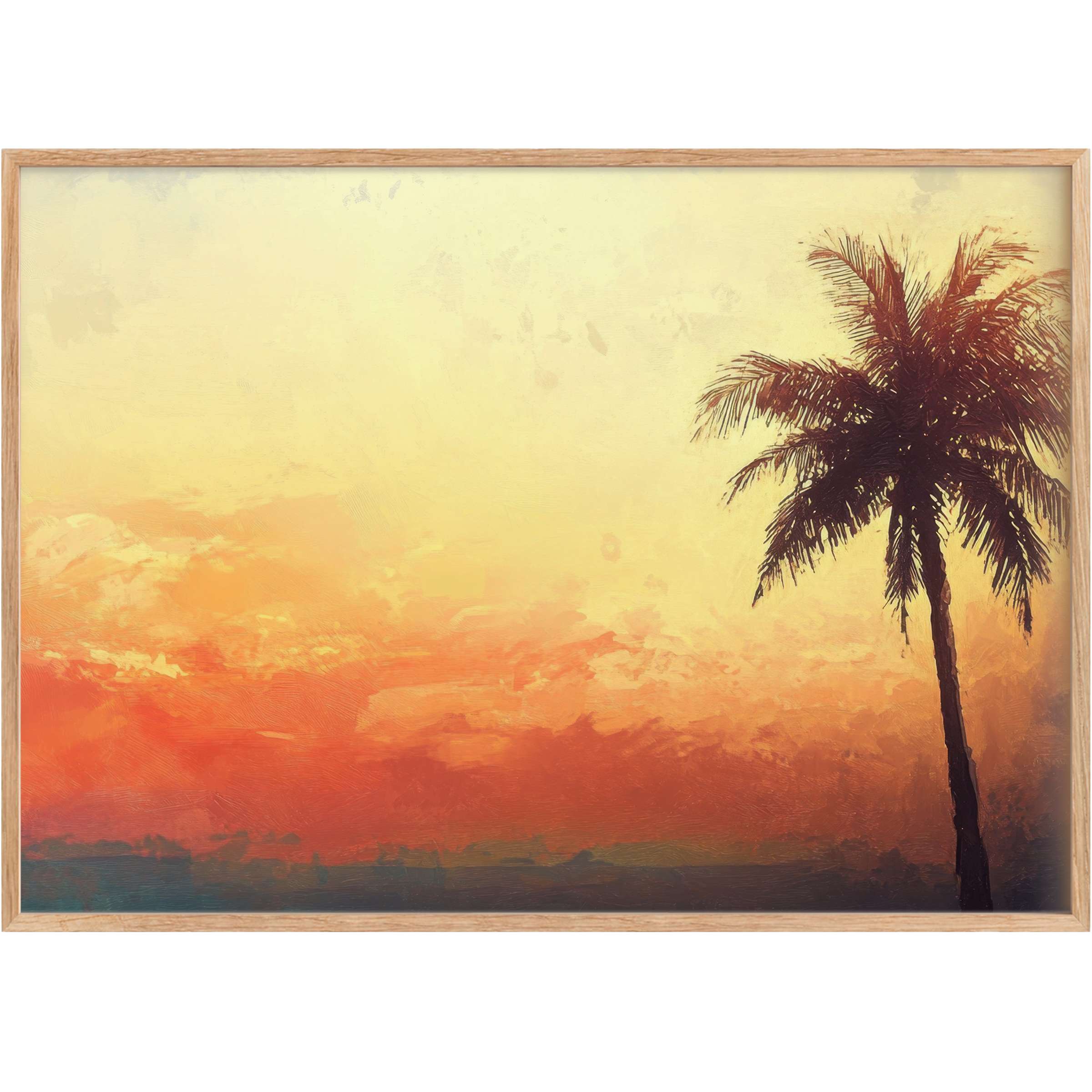Beach printable wall art capturing a serene palm silhouette against a radiant sunset, evoking warm, calming coastal elegance